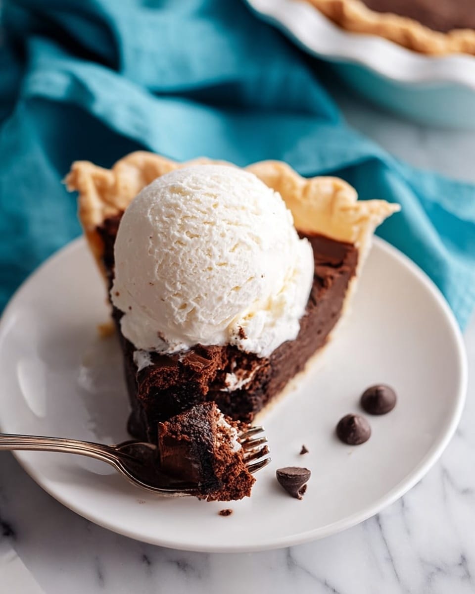 A white plate holds a slice of dark brown chocolate pie with a thick, dense texture, topped with a smooth, round scoop of light cream-colored vanilla ice cream. The pie has a light golden, flaky crust around the edges. A silver fork rests on the plate, lifting a bite-sized piece of the chocolate pie that is partly covered by the melting ice cream. There are a few scattered dark chocolate chips near the pie slice on the plate. The background has a white marbled texture with a bright blue cloth draped softly in the upper right corner. Photo taken with an iphone --ar 4:5 --v 7