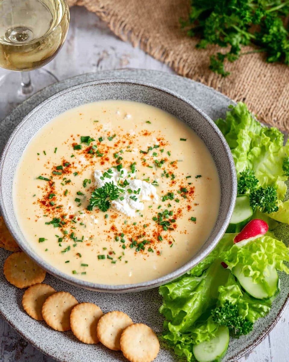 A white bowl filled with creamy pale yellow soup sprinkled with chopped green herbs and a line of reddish-brown spice across the middle, topped with a small dollop of white cottage cheese, sits on a large round grey speckled plate. Around the bowl, there is a small pile of round beige crackers and fresh green lettuce leaves scattered with small sections of red and pale yellow vegetable slices, and some cucumber slices. In the upper part of the image, there is green parsley on a white marbled surface, along with a glass of white wine. The background has a textured brown burlap cloth. Photo taken with an iphone --ar 4:5 --v 7