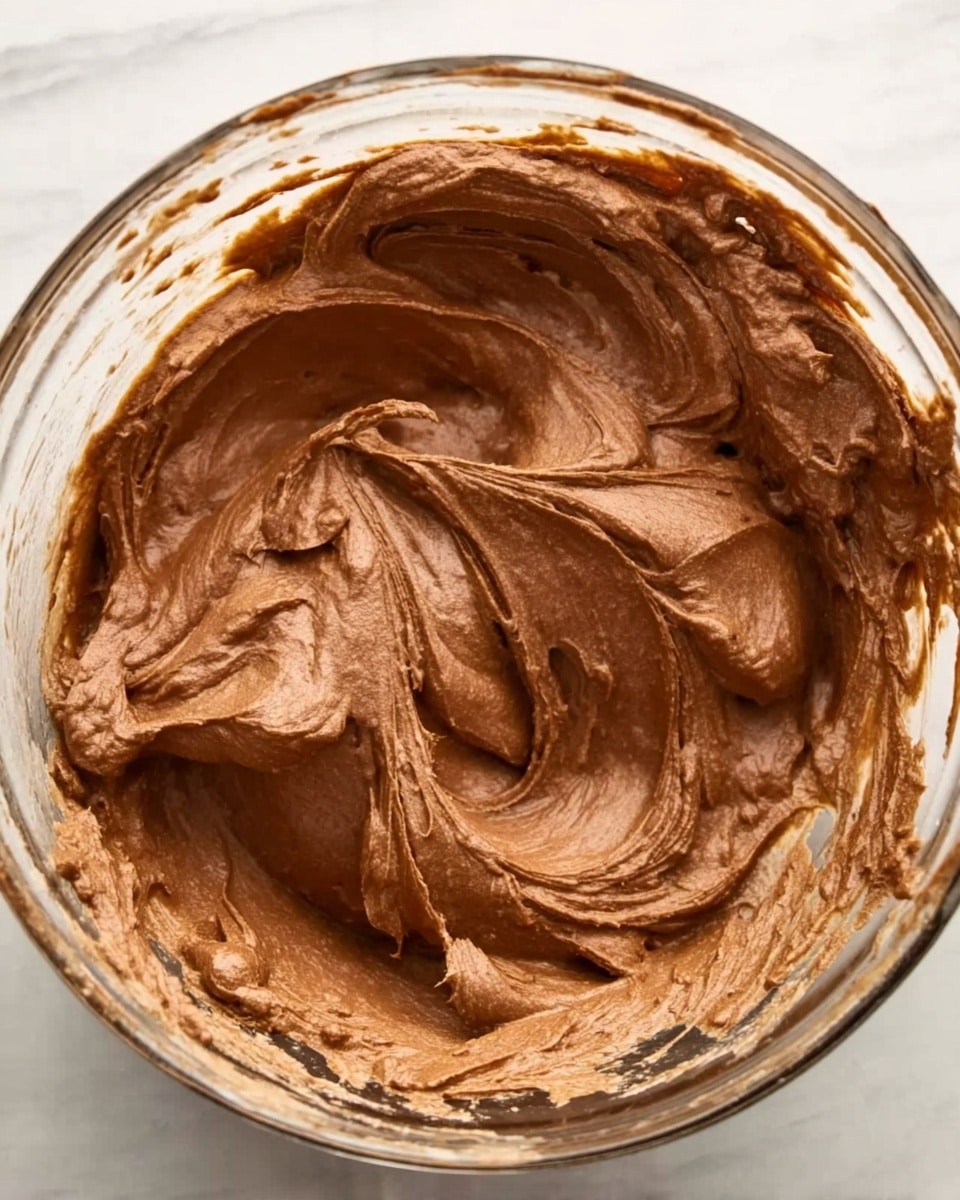 A clear glass bowl filled with thick, smooth chocolate batter that has a creamy texture and rich brown color. The batter is swirled with several soft peaks and gentle folds, showing the light catching its glossy surface. The bowl sits on a white marbled surface, and patches of batter cling to the sides, emphasizing its thickness and softness. photo taken with an iphone --ar 4:5 --v 7