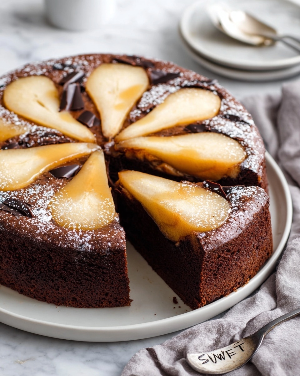 A round chocolate cake with a thick, dark brown base forms the bottom layer. On top, there are evenly spaced pear slices that are light yellow with a shiny glaze, placed upright and slightly overlapping around the cake's surface. Between the pear slices, the cake has dark chocolate strips dusted with white powdered sugar. One slice is cut out, revealing the dense, rich interior of the cake. The cake sits on a plain white plate on a white marbled surface. A silver spoon with the word