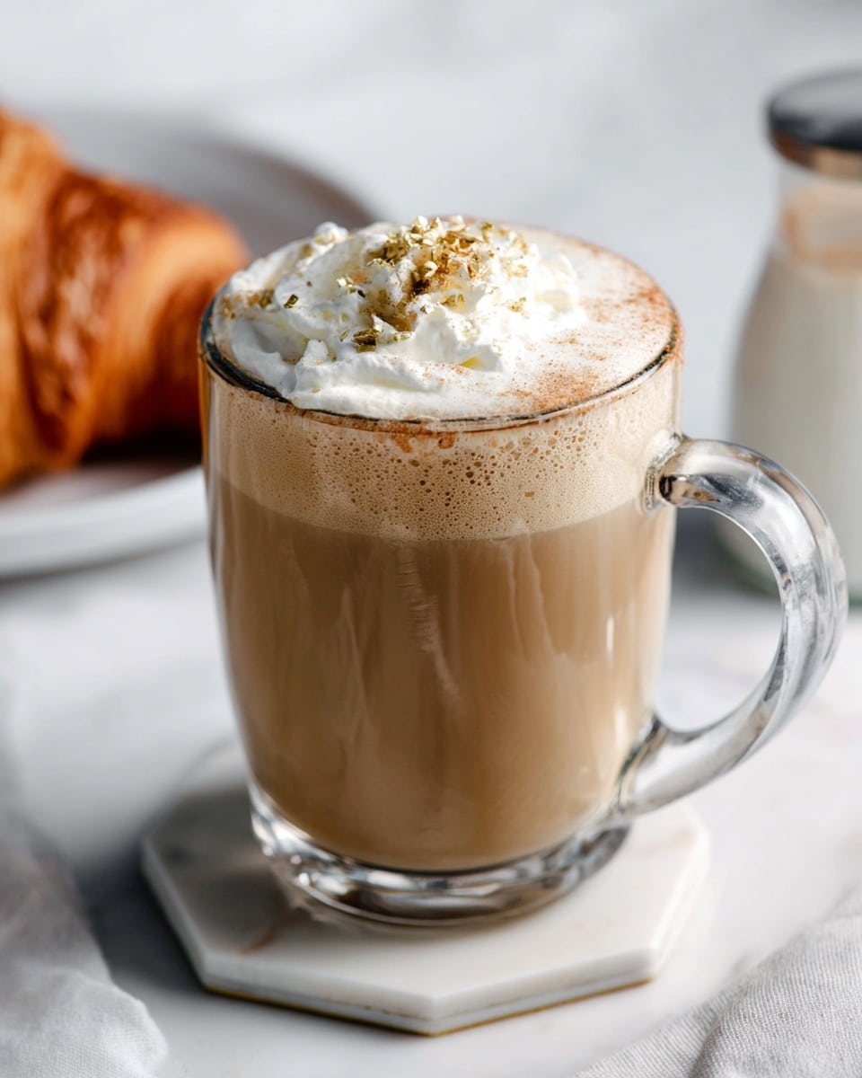 A clear glass mug with a thick light brown coffee drink fills about three-quarters of the mug, topped with a dollop of white whipped cream sprinkled with light brown sugar or cinnamon. The mug has a clear, thick handle and sits on a white marble hexagonal coaster. In the blurred background, a white marbled surface is visible, along with a white plate holding a golden brown croissant. Photo taken with an iphone --ar 4:5 --v 7