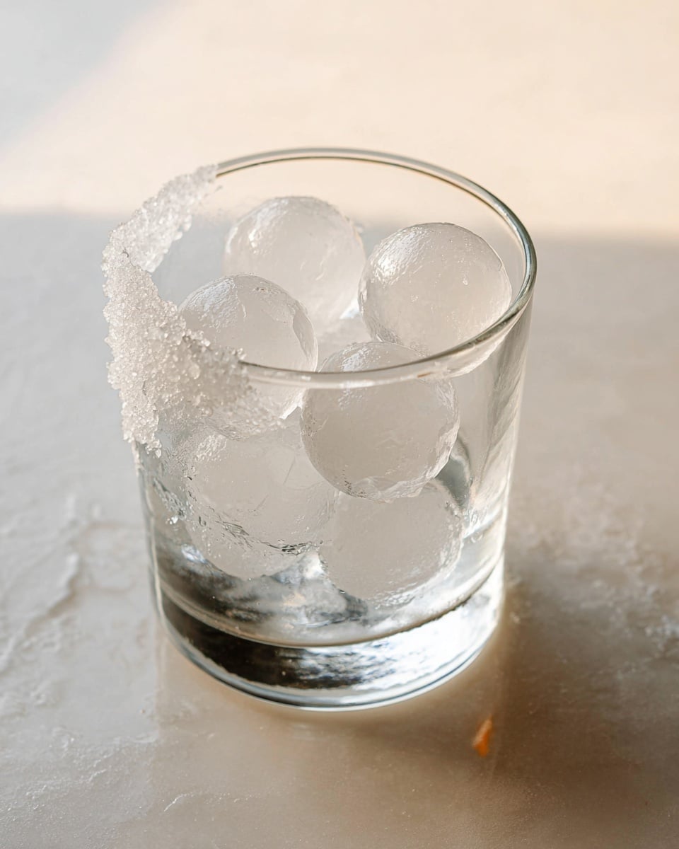 A clear glass sits on a white marbled surface, filled halfway with about ten round, smooth ice balls that are translucent with a frosty texture. The rim of the glass on one side is covered with large salt crystals, adding a rough white layer contrasting with the smooth glass. The lighting is soft, highlighting the clear and frosty details of the ice and the coarse texture of the salt. photo taken with an iphone --ar 4:5 --v 7