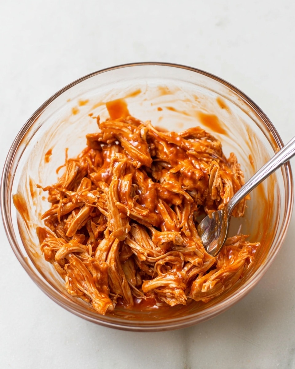 A clear glass bowl filled with shredded orange chicken covered in thick, glossy sauce. The chicken pieces are a mix of small and medium shreds, coated evenly with the sauce that sticks to the sides of the bowl. A silver fork is resting inside the bowl on the right side, also covered in sauce. The bowl sits on a white marbled surface, creating a clean and simple background. photo taken with an iphone --ar 4:5 --v 7