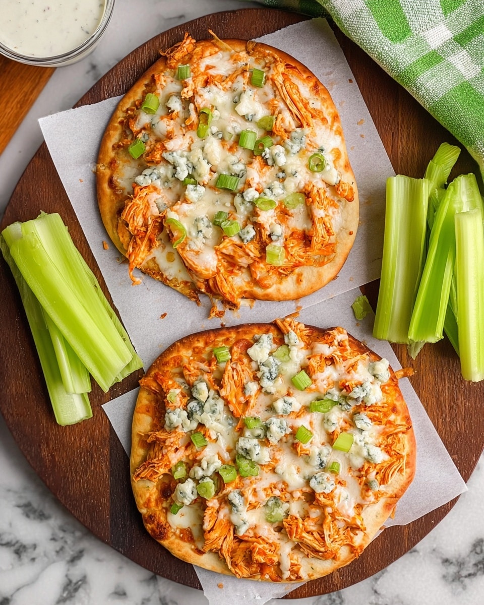 There are two small pizzas on white parchment paper on a dark wooden round board, placed on a white marbled surface. Each pizza has a golden-brown crust topped with a layer of orange shredded chicken, followed by melted white cheese with some blue cheese chunks on top and sprinkled with chopped green celery leaves. To the side of the pizzas are bright green celery sticks, and a small white bowl filled with white dipping sauce is visible. A green and white checkered cloth is partially visible in the top right corner. photo taken with an iphone --ar 4:5 --v 7
