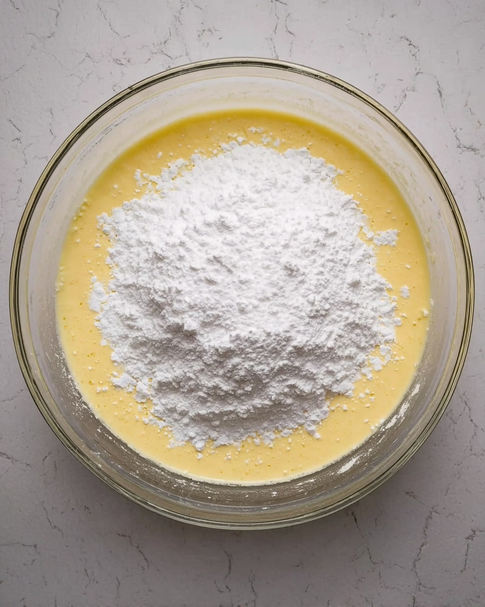 A clear glass mixing bowl sits on a white marbled surface, filled with a smooth yellow batter on the bottom layer. On top of the batter, a thick layer of white powdered sugar is spread unevenly, covering most of the yellow but leaving some edges visible. The powdered sugar has a soft, powdery texture that contrasts with the creamy batter beneath. The photo is taken from above, showing the round bowl with clear sides that reveal the layers inside. photo taken with an iphone --ar 4:5 --v 7