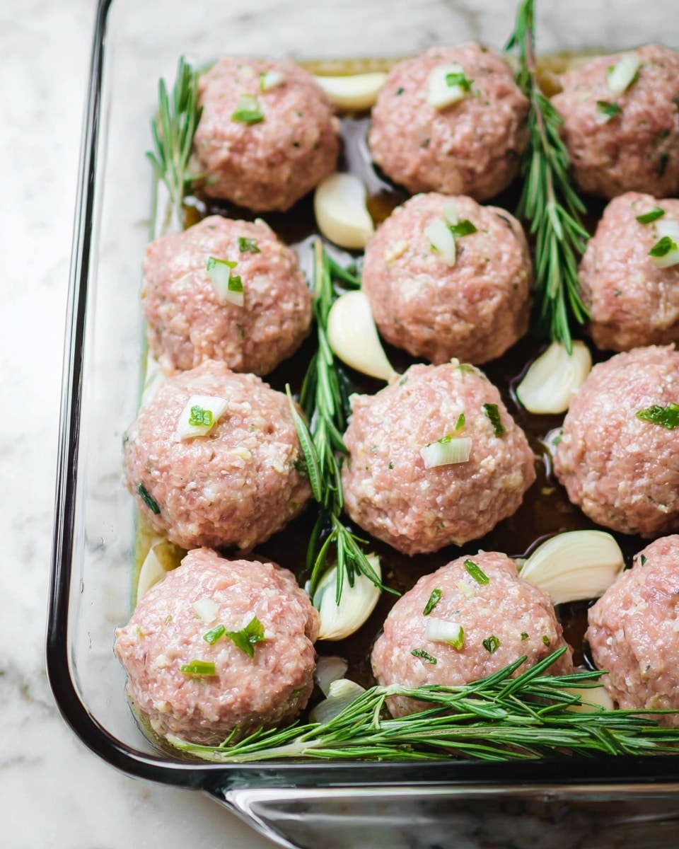 The image shows a glass baking dish filled with twelve large raw meatballs, light pink in color with a slightly rough texture. The meatballs are evenly spaced and topped with small green herb pieces and fresh sprigs of rosemary, which are green and needle-like. Scattered around the meatballs are several peeled white garlic cloves. The dish is placed on a white marbled surface. photo taken with an iphone --ar 4:5 --v 7