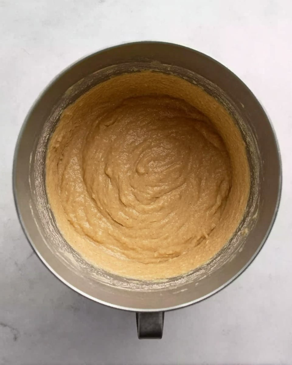 A top view of a gray metal mixing bowl filled with light brown batter that has a smooth but slightly lumpy texture. The batter covers most of the inside of the bowl, which rests on a white marbled surface. The bowl has a handle at the bottom center. The batter looks thick and creamy with small visible bits mixed in. photo taken with an iphone --ar 4:5 --v 7