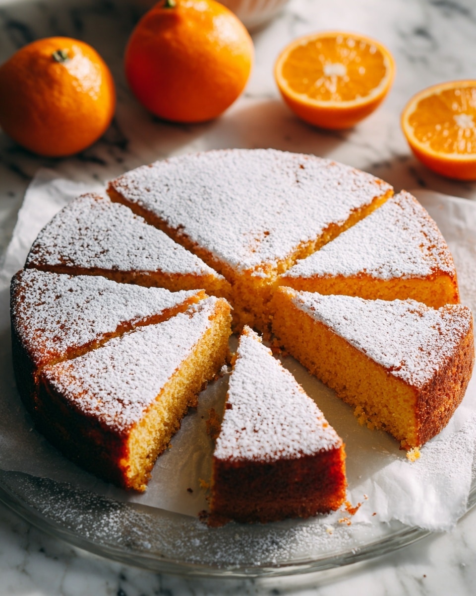 A slice of orange cake with a golden-yellow soft texture and tiny orange specks inside is placed on a white plate with a subtle crackle pattern. The top of the cake has a slightly crispy, browned surface dusted with a light layer of powdered sugar. A silver fork is gently pressing into the left side of the cake slice from above. The scene is set on a white marbled surface with a blurred orange fruit visible in the background. Photo taken with an iphone --ar 4:5 --v 7