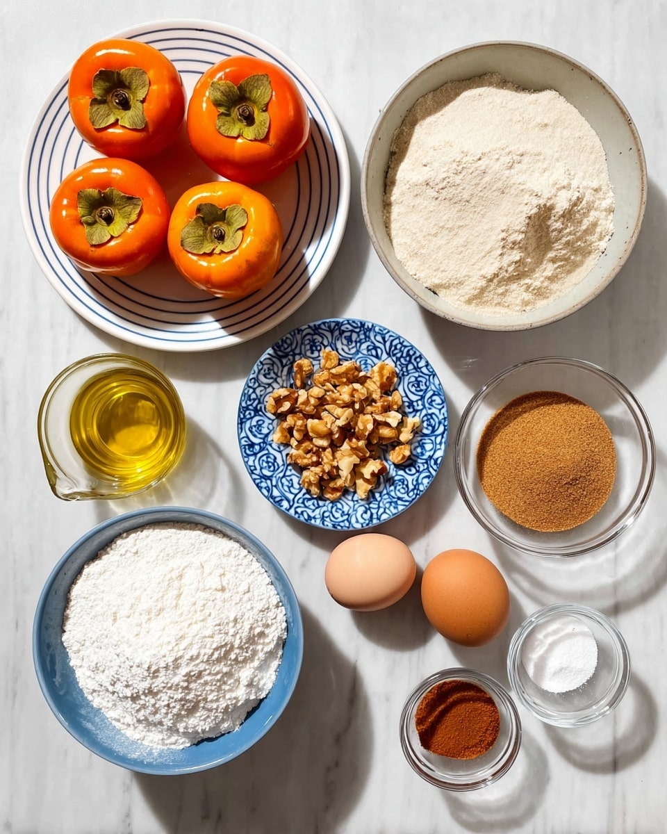 A white marbled surface holds several bowls and dishes arranged neatly with cooking ingredients. At the top center, a white plate with thin blue stripes contains four bright orange persimmons with green tops. To the left is a small clear glass filled with golden yellow oil. Below that, a white bowl with a thick blue rim is full of white flour. In the center is a small round dish with a blue pattern holding chopped brown nuts. To the right, a small grayish white plate holds two brown eggs. Next, a white bowl is filled with light brown sugar. Above the eggs and sugar, four tiny clear bowls contain different dry ingredients: cinnamon powder, nutmeg, salt, and baking powder, each casting soft shadows. photo taken with an iphone --ar 4:5 --v 7