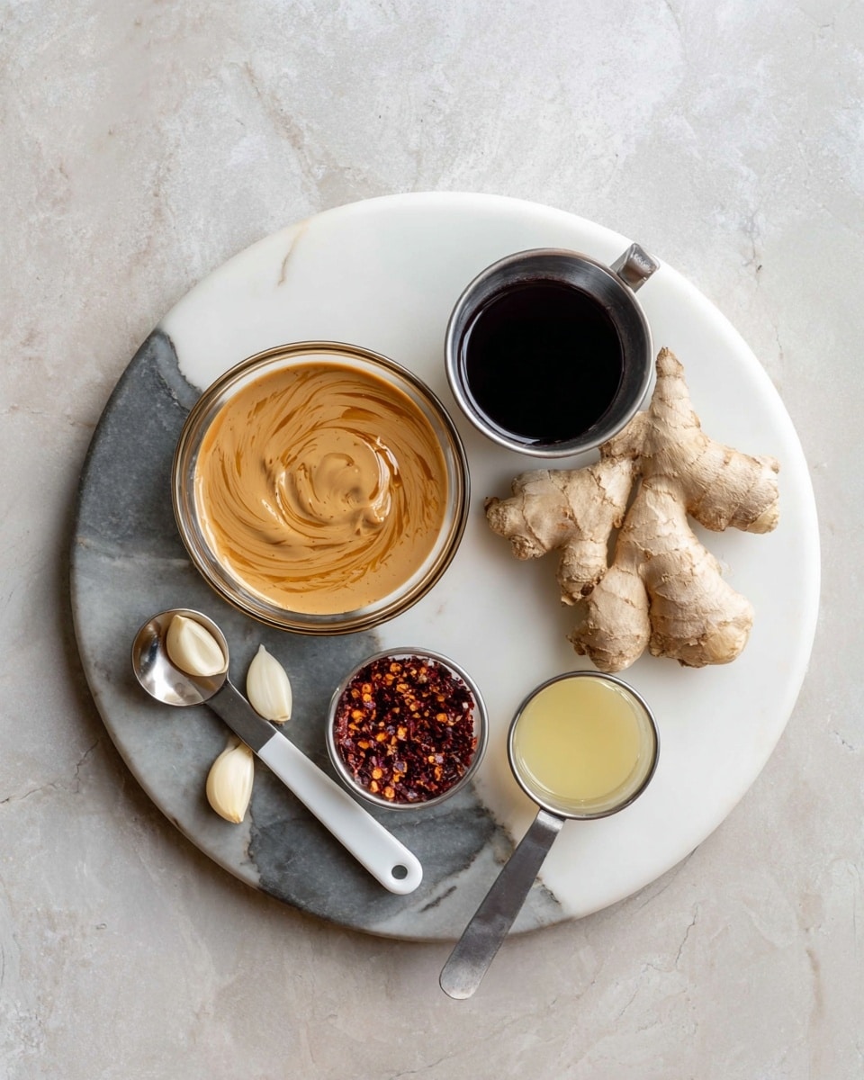 The image shows a round white plate with a half-white and half-gray marbled round board on top, placed on a white marbled surface. On the board, there is a clear glass bowl filled with a light brown smooth sauce swirled on the left side near two garlic cloves lying next to it. On the right side, there is a piece of fresh ginger. Above the ginger is a small stainless cup with a dark liquid, and below the garlic is another small stainless cup with a light yellow liquid. Between the two cups are two measuring spoons with white and gray handles; the top spoon holds red chili flakes, and the bottom spoon contains a dark reddish-brown liquid. photo taken with an iphone --ar 4:5 --v 7