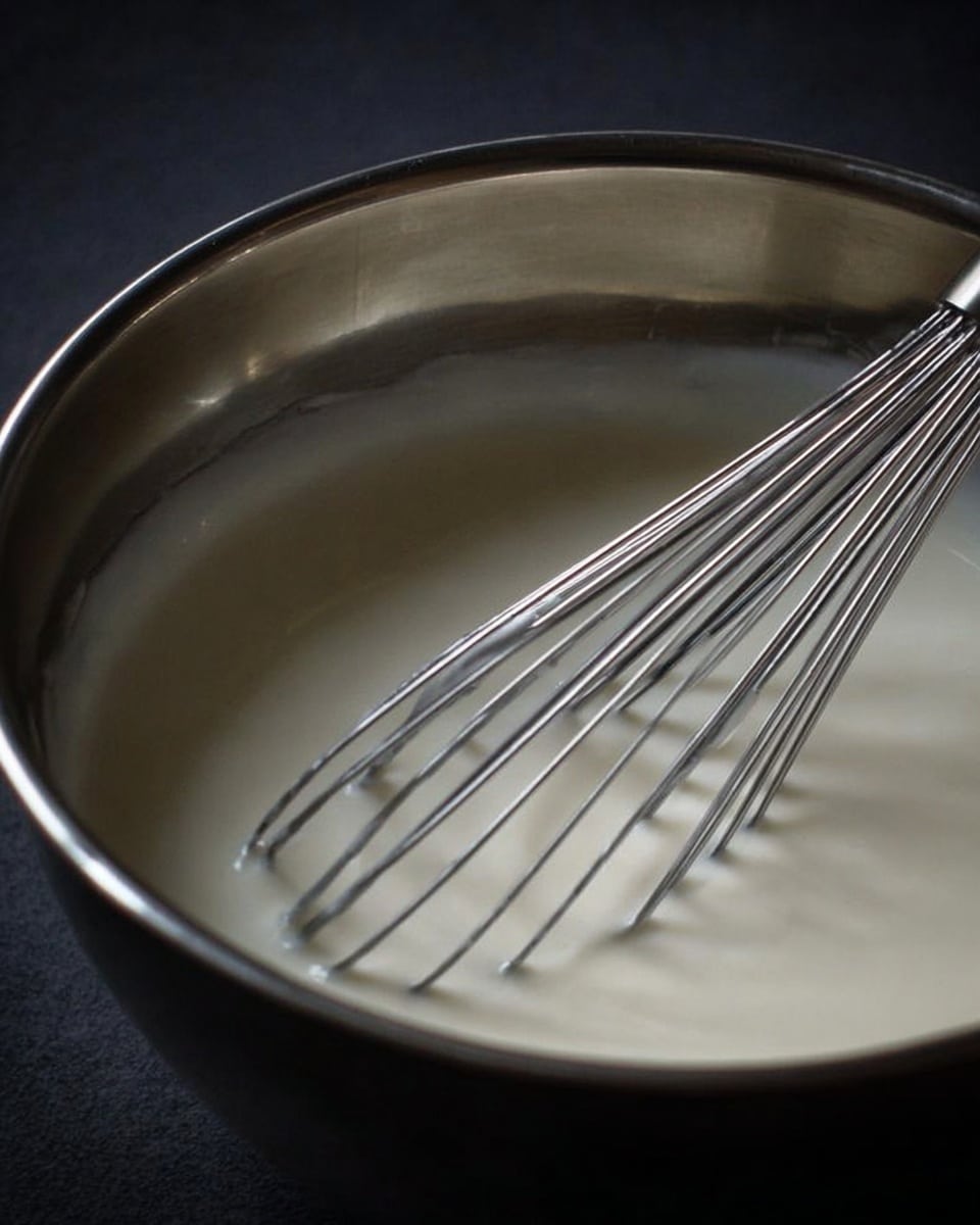 A close-up view of a shiny silver mixing bowl filled with smooth, creamy white batter. A metal whisk with thin wire loops is resting inside the bowl, partially covered with the batter. The bowl is set against a soft dark background that fades into black. photo taken with an iphone --ar 4:5 --v 7