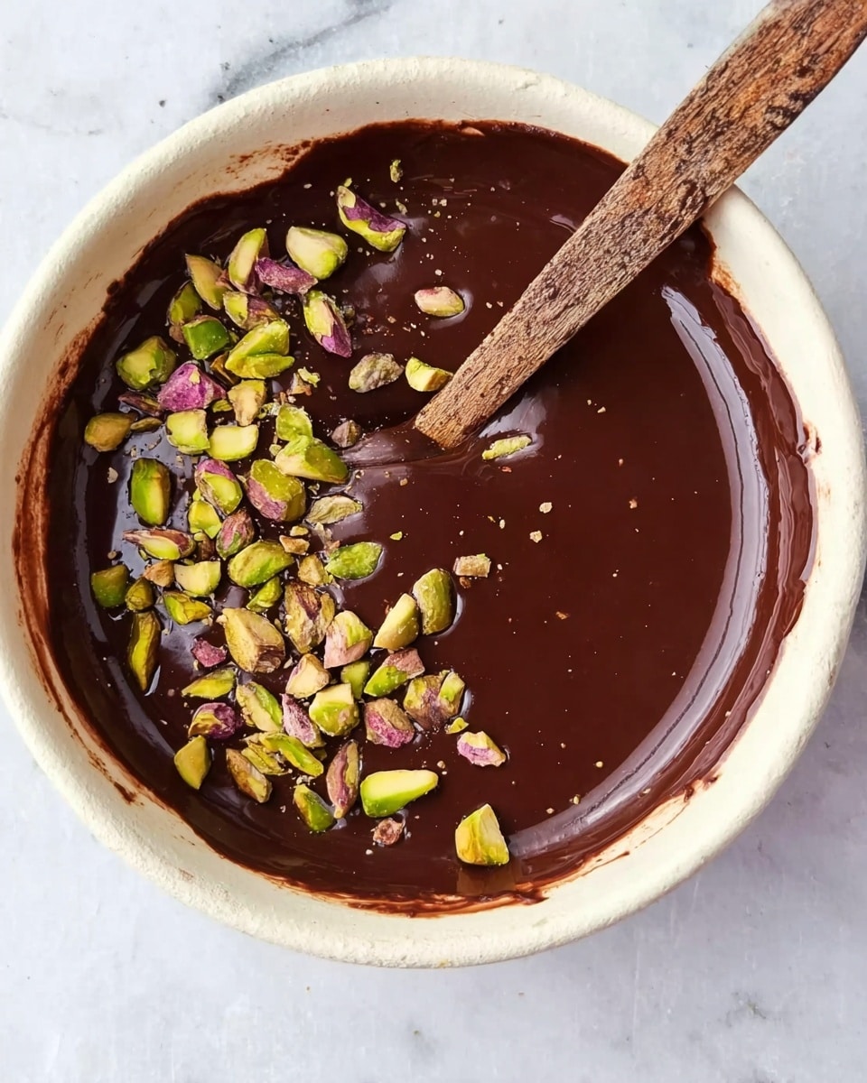A white bowl filled with thick, dark brown chocolate sauce with a smooth, shiny surface. On top of the chocolate, there is a layer of scattered green and purple pistachio nuts, some whole and some broken. A wooden spoon with a rough texture is resting inside the bowl, partially covered in chocolate. The bowl is placed on a white marbled surface that gives a clean and bright background photo taken with an iphone --ar 4:5 --v 7