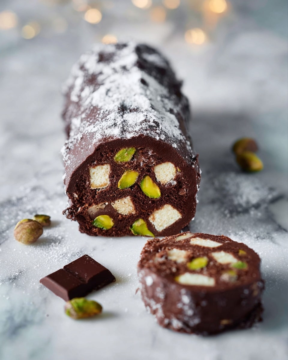 This image shows a chocolate log dessert with one slice cut off and lying in front. The log has a dark brown chocolate outer layer dusted with white powder and inside it holds pieces of light beige biscuit and bright green pistachios scattered evenly. The setup is on a white marbled surface with a few pistachio nuts and a small piece of dark chocolate placed near the log, adding to the scene. The lighting is soft, highlighting the texture and colors of the chocolate and nuts, making the dessert look rich and appealing. photo taken with an iphone --ar 4:5 --v 7