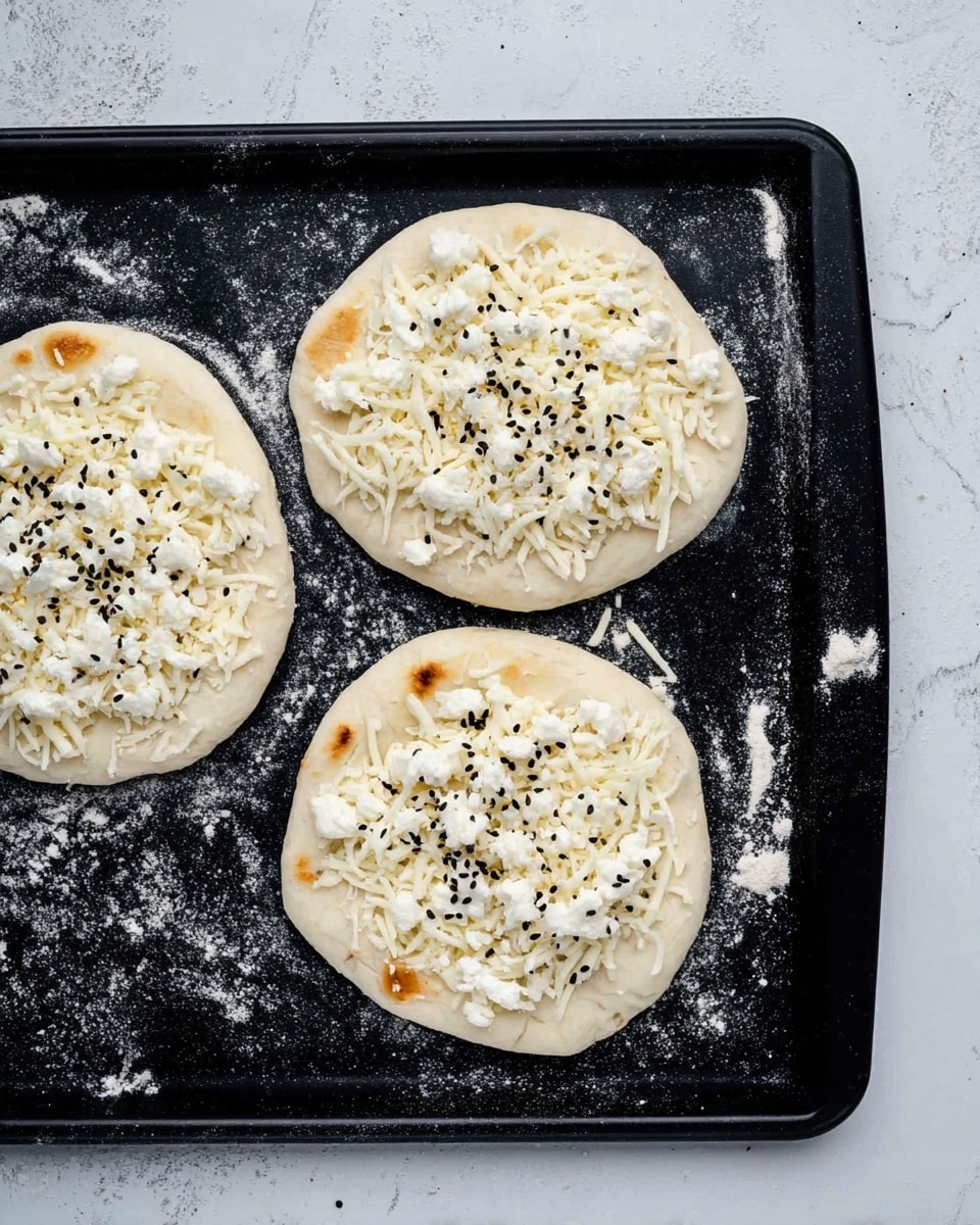 The image shows three small round dough bases placed on a black baking tray sprinkled with flour. Each dough circle is topped with a layer of white shredded cheese mixed with small white curds spread evenly across, and sprinkled with small black seeds on top. The tray rests on a white marbled surface with some scattered flour. Photo taken with an iphone --ar 4:5 --v 7