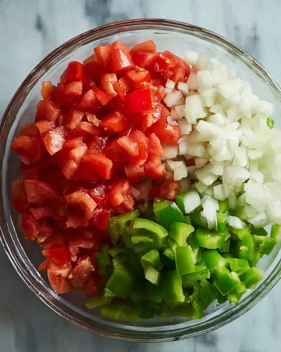 A clear, round bowl is shown from above, filled with three sections of chopped vegetables. The top left section has bright red, juicy tomato pieces. The top right section contains small, white onion cubes with a slight shine. The bottom left section holds fresh, green bell pepper pieces, slightly larger than the onion cubes. The bowl rests on a white marbled surface. photo taken with an iphone --ar 4:5 --v 7