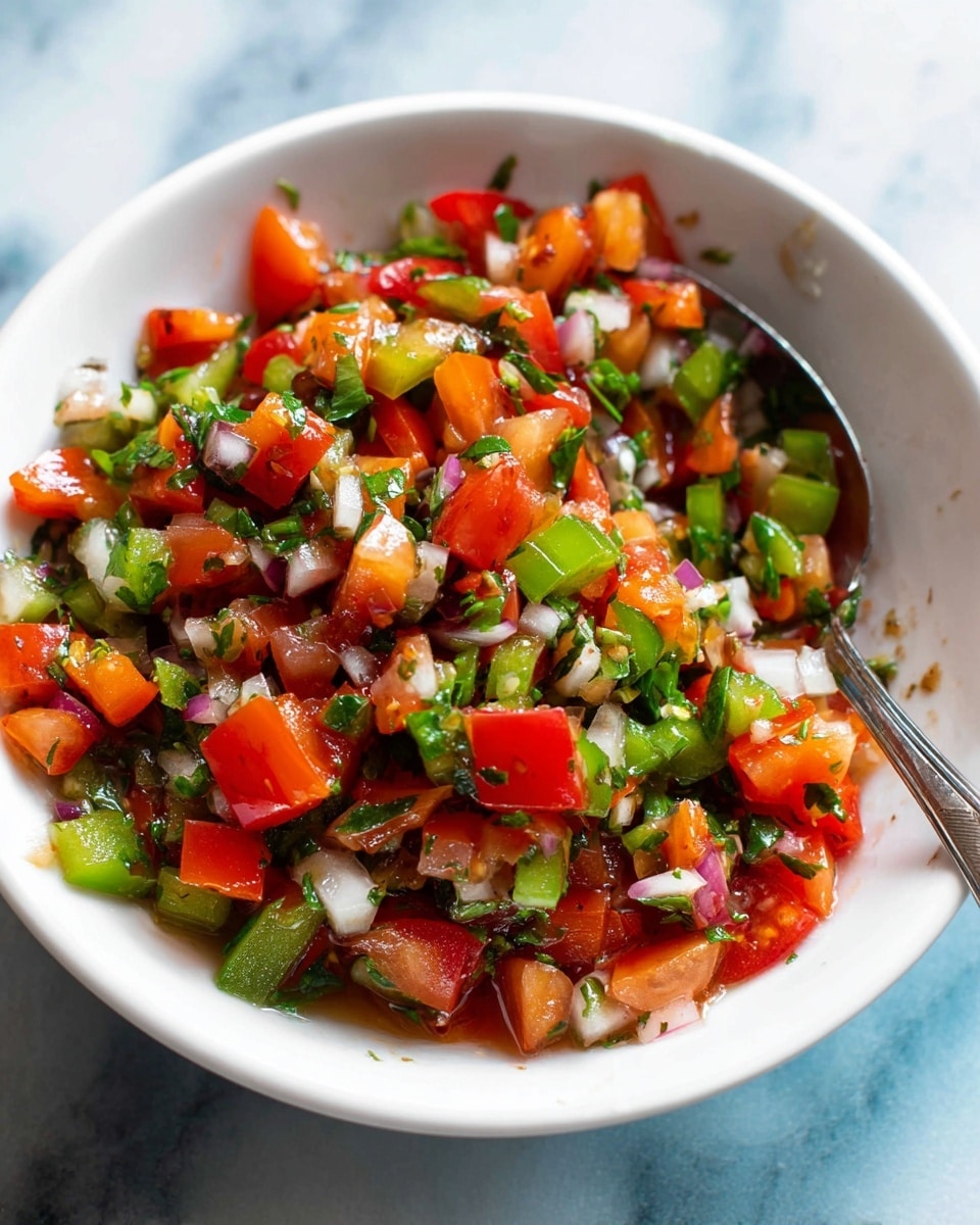 A white bowl filled with a colorful mixture of chopped vegetables including bright red tomatoes, green bell peppers, white onions, and fresh green herbs, all covered in a light, shiny dressing that makes the vegetables look fresh and juicy; the contents are chunky and unevenly cut, showing a mix of smooth and slightly rough textures, with a metal spoon inside the bowl, on top of a white marbled surface, photo taken with an iphone --ar 4:5 --v 7