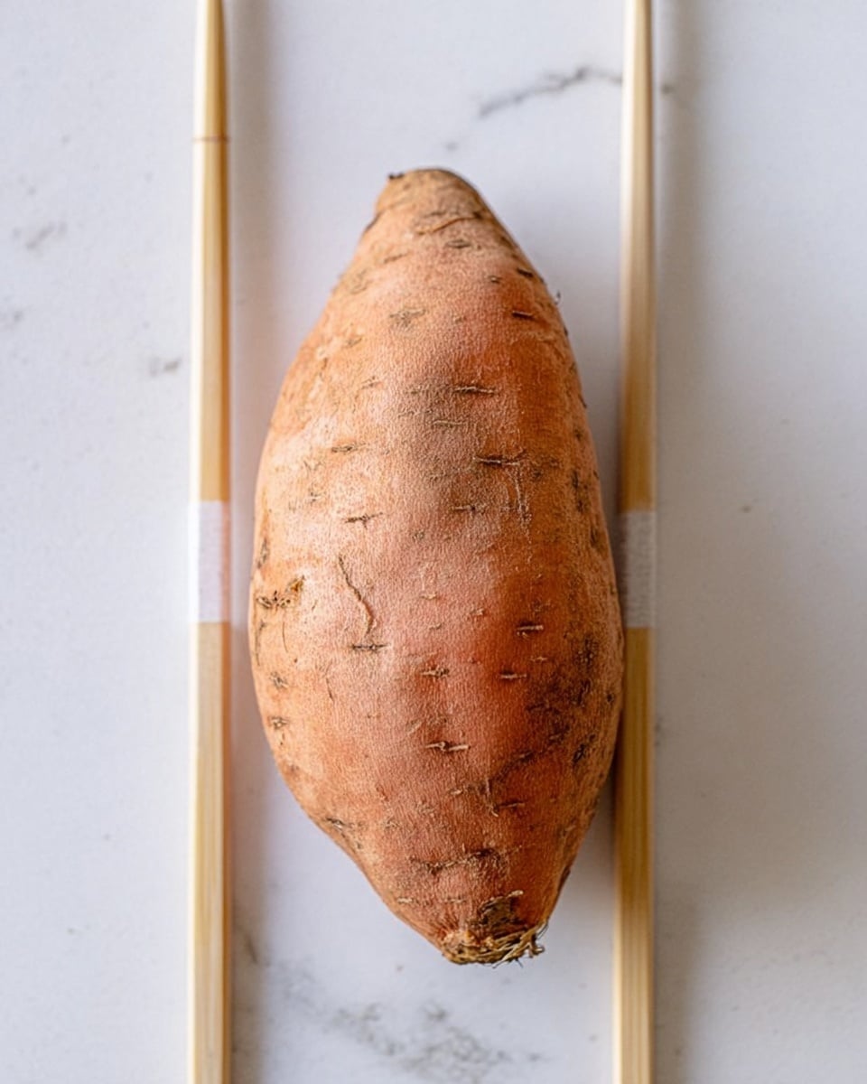 A single whole sweet potato with a rough, brownish-orange skin lies flat in the center of the image. It is placed on a white marbled surface with two light-colored wooden chopsticks taped parallel to the sweet potato, one on each side, both ends extending beyond the sweet potato. The lighting is soft and natural, highlighting the texture of the sweet potato skin. photo taken with an iphone --ar 4:5 --v 7