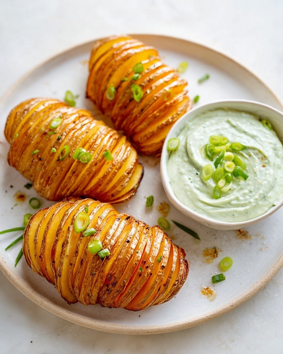 The image shows four golden-brown sliced potatoes arranged on a white plate with a white marbled surface background. Each potato is sliced into many thin layers that stay together, with a slightly crispy texture on the outside and a soft orange interior visible between the slices. The potatoes are garnished with small pieces of chopped green onions scattered on top. Next to the potatoes on the plate is a small white bowl filled with a pale green creamy dip, topped with pieces of sliced green onion. The whole setting looks clean and fresh with natural light highlighting the textures. photo taken with an iphone --ar 4:5 --v 7
