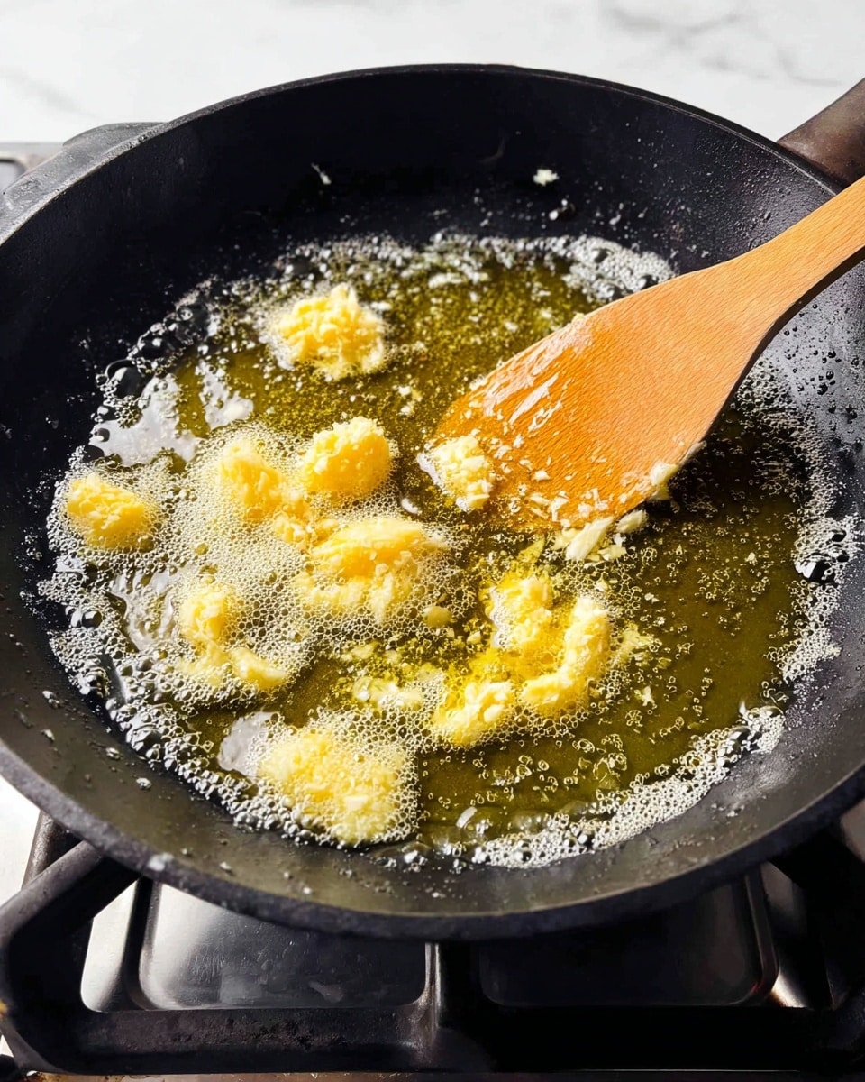 A close-up view of a black cast iron pan on a stove burner with bubbling melted yellow butter inside. Several small clumps of garlic or butter are spread unevenly in the pan, with the liquid butter surrounding them. A wooden spoon, positioned diagonally from the right, stirs the mixture gently. The background shows part of the stove, all set against a white marbled texture. photo taken with an iphone --ar 4:5 --v 7