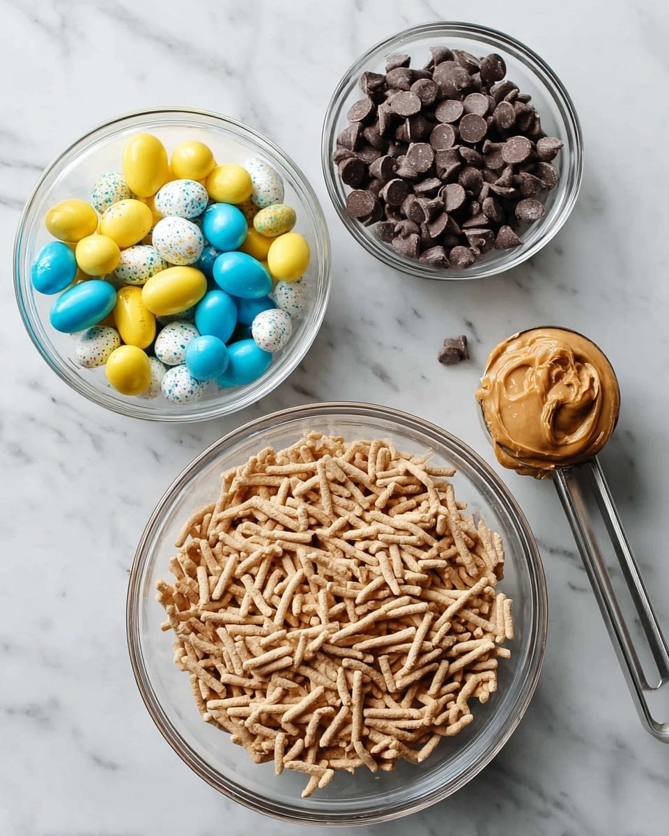 Three clear glass bowls placed on a white marbled surface hold different ingredients. The largest bowl at the bottom center is filled with pale brown, thin, stick-like cereal. The bowl above and to the left contains small egg-shaped candies in bright yellow, white, and blue colors with some speckles. To the upper right, a smaller measuring cup is filled with dark chocolate chips that have a smooth and shiny texture. Next to the measuring cup, a metal measuring spoon contains light brown peanut butter with a creamy texture. photo taken with an iphone --ar 4:5 --v 7