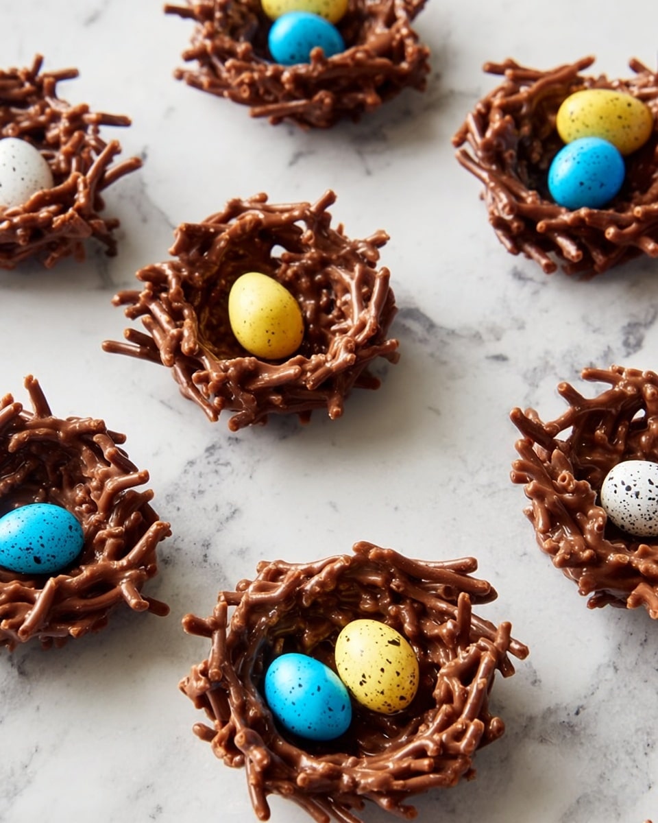 The image shows several small bird nest-shaped treats made from chocolate-covered sticks, arranged evenly on a white marbled surface. Each nest is made of a base layer of shiny milk chocolate sticks, tangled loosely to form a round nest shape with a rough texture. On top of each nest, there are three small, colorful candy eggs in blue, yellow, and speckled white, positioned close together in the center. The nests have a glossy, smooth chocolate look and the candy eggs have a smooth, matte finish with light speckles on the white ones. The overall setup looks neat and bright. photo taken with an iphone --ar 4:5 --v 7