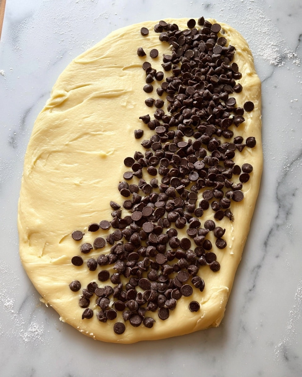 A large piece of light beige dough rolled out flat on a white marbled surface with a rough oval shape, topped on one half with an uneven layer of creamy, pale yellow batter spread thickly, and scattered generously with many dark brown chocolate chips on top, with the other half of the dough folded back slightly to show contrast, photo taken with an iphone --ar 4:5 --v 7