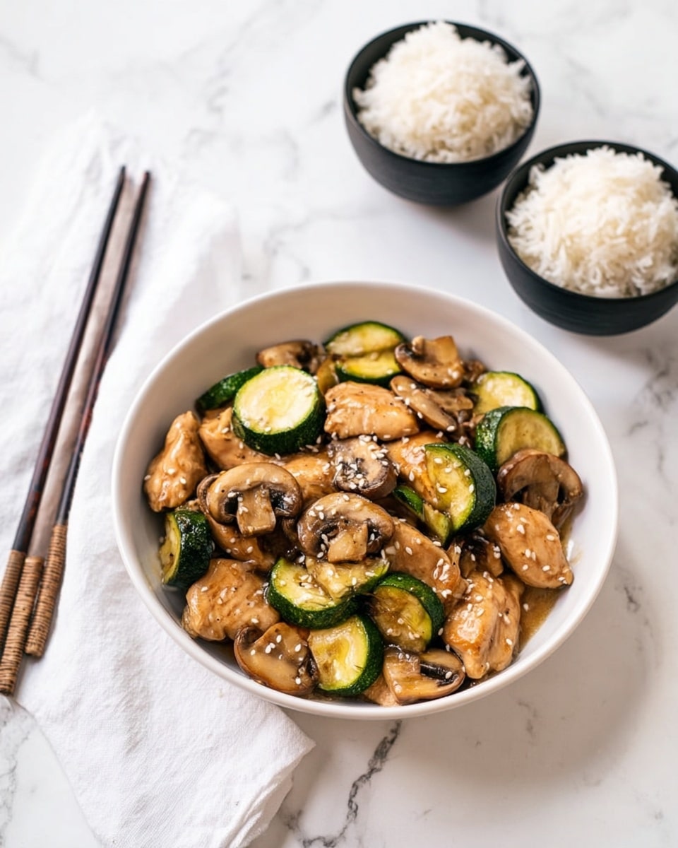 A white bowl is filled with cooked pieces of orange-brown chicken mixed with sliced brown mushrooms and green zucchini pieces, all coated in a light sauce and sprinkled with white sesame seeds. Behind the bowl on a white marbled surface, there are two small black bowls filled with white rice. To the left, a white cloth napkin holds a pair of dark brown chopsticks. The overall setting is bright and clean, showing a fresh and simple meal. photo taken with an iphone --ar 4:5 --v 7