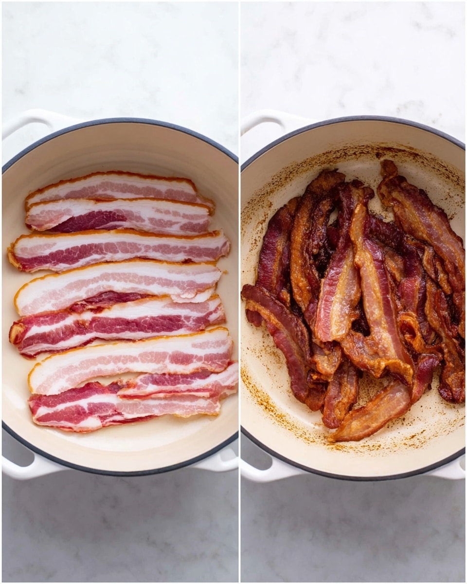 The image shows two white cooking pots placed side by side on a white marbled surface. The left pot contains a single layer of raw bacon strips spread out evenly, with visible pink, white, and light red marbled fat and meat textures. The right pot shows the same bacon strips after cooking, now dark brown and crispy with a slightly shiny surface, arranged loosely and overlapping a bit on the light beige pot base with brown browned spots from cooking. Photo taken with an iphone --ar 4:5 --v 7