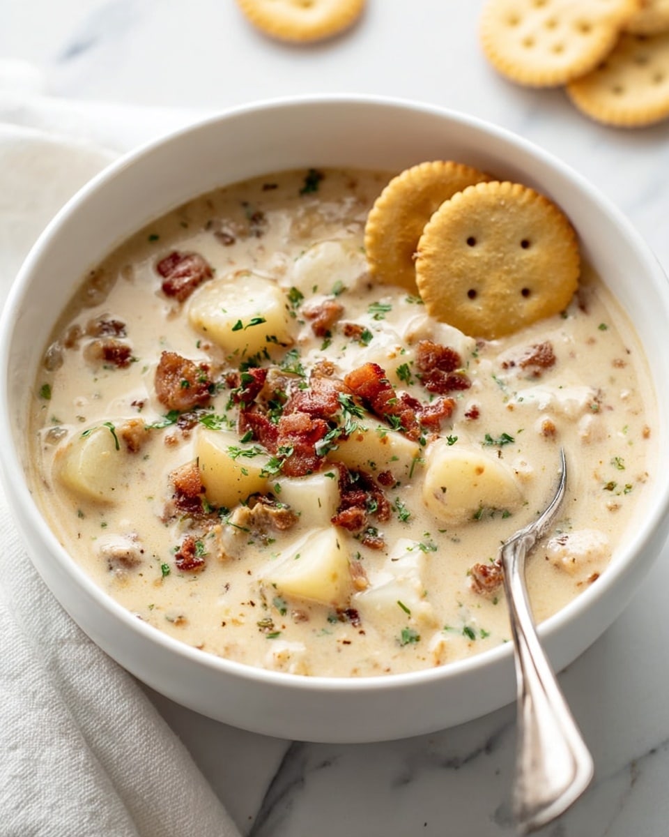 A white bowl filled with thick, creamy soup that has light beige color. The soup contains several chunks of pale potatoes and small pieces of browned meat scattered throughout. On top, there are small pieces of crispy bacon, bright green parsley flakes, and several round, light golden crackers resting on the edge of the bowl. A silver spoon is placed inside the bowl on the right side. The bowl sits on a white marbled surface with a white cloth and extra crackers visible in soft focus in the background. Photo taken with an iphone --ar 4:5 --v 7