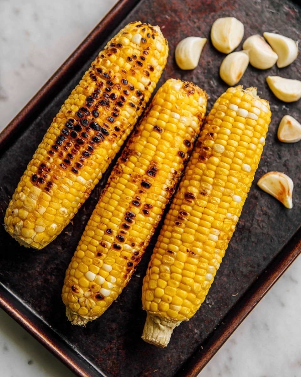 Three grilled ears of corn with golden-yellow kernels and brown char marks lie close together on a dark tray. The corn's kernels show a mix of bright yellow and white, with some blackened spots from grilling. On the right side of the tray, there are several pale garlic cloves, some whole and some split open. The tray sits on a white marbled surface. photo taken with an iphone --ar 4:5 --v 7