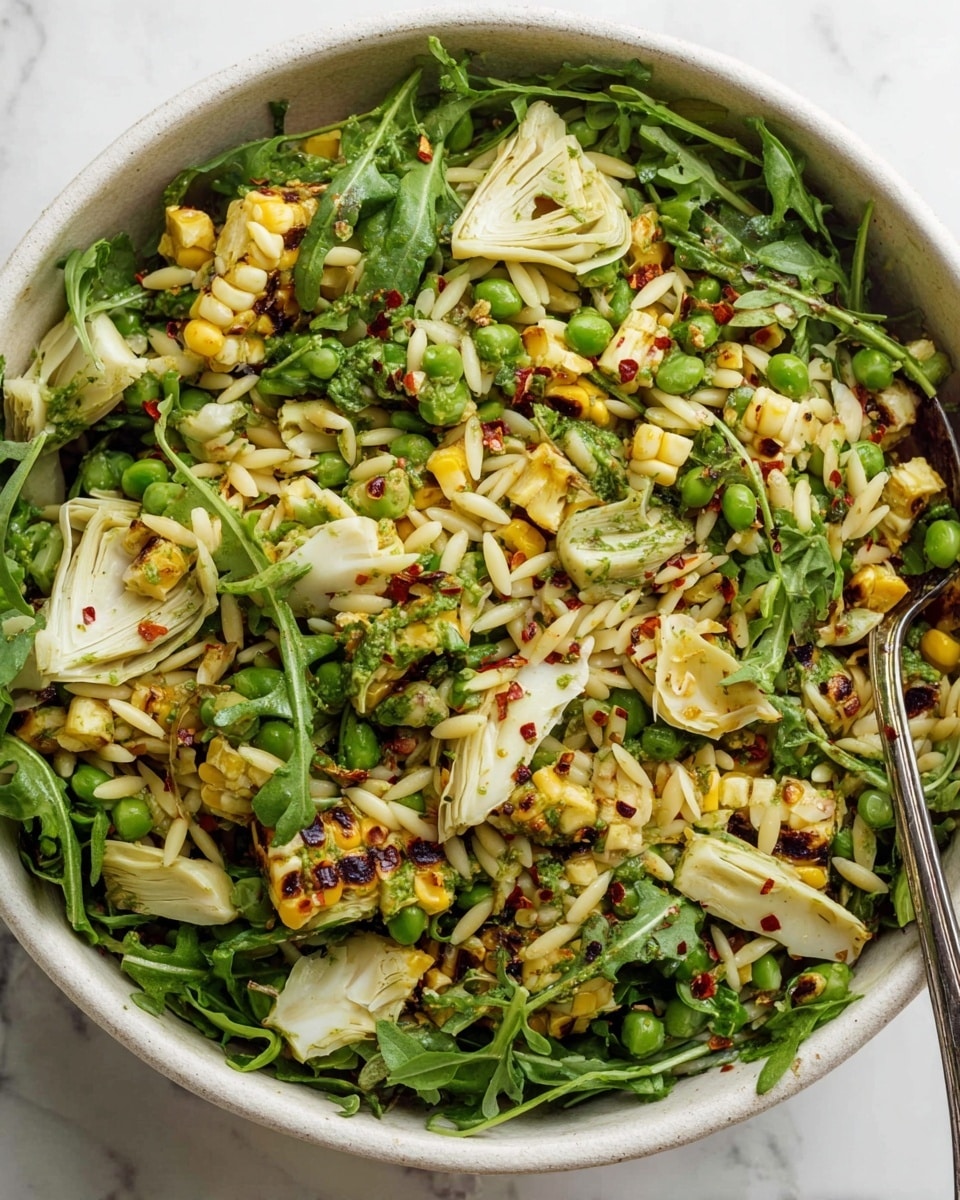 A white bowl filled with a colorful salad consisting of several layers: at the bottom, pale yellow orzo pasta; mixed in are bright green fresh arugula leaves that add a leafy texture; scattered throughout the salad are small chunks of golden grilled corn with light brown char marks; plump green peas add pops of vibrant color; thin pale slices of what looks like heart of palm or artichoke are spread evenly; the salad is seasoned with visible red chili flakes and black pepper sprinkled on top. The bowl sits on a white marbled surface with a silver spoon resting on the side photo taken with an iphone --ar 4:5 --v 7