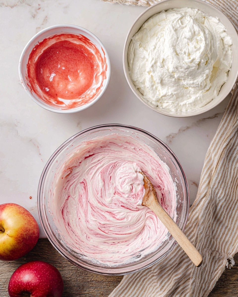 The image shows three bowls on a white marbled surface. The largest bowl at the bottom is clear glass, filled with a pink and white swirled creamy mixture, with a wooden spoon resting inside. Above it to the right is a medium clear glass bowl containing thick, pure white whipped cream with a fluffy texture. To the left is a smaller white bowl with red sauce remnants along the sides and bottom. Two red apples with yellow patches are visible near the bottom left corner, next to a beige and white striped cloth. Photo taken with an iphone --ar 4:5 --v 7