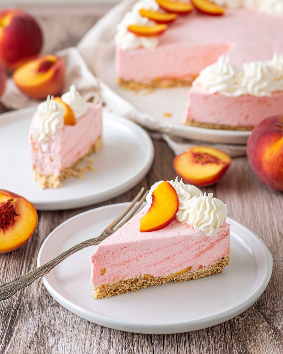 The image shows a pink peach cheesecake with two layers, one crumbly light brown base and one thick, smooth pink peach mousse layer on top. A white swirl of cream with a small peach slice decorates the top of a single slice on a white plate in the front. Behind it, there is another slice on a white plate with a similar white cream swirl but no peach slice. The whole cheesecake with white cream swirls and a few peach slices on top is on a white dish in the background. The setting includes whole peaches and peach slices scattered on a wooden textured surface. A silver fork rests next to the front slice. photo taken with an iphone --ar 4:5 --v 7