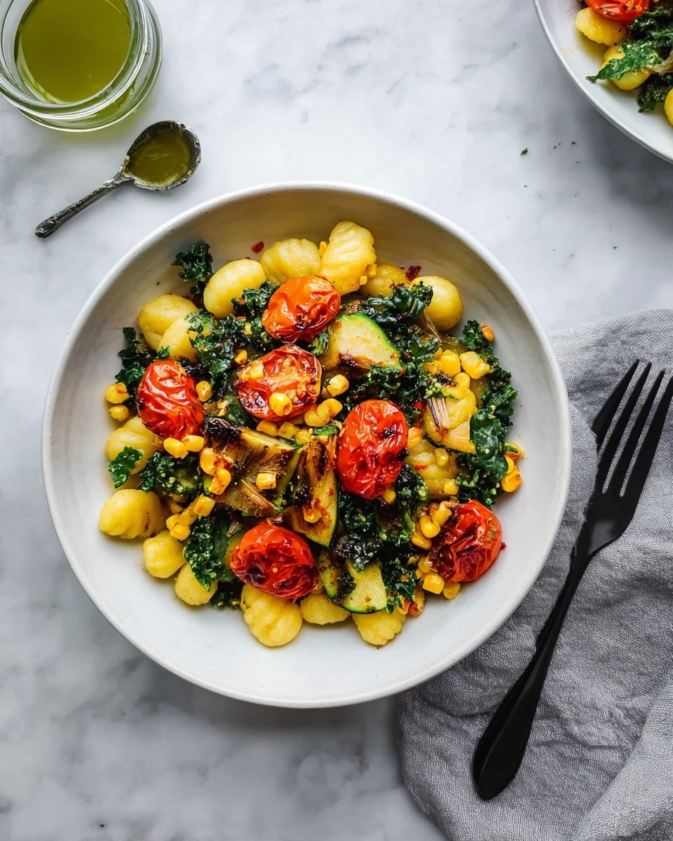 A white bowl contains a colorful mix of small, yellow gnocchi pieces as the base layer, topped with wilted dark green kale leaves scattered throughout. On top, there are roasted cherry tomatoes with charred skin and small pieces of grilled green zucchini. Light yellow corn kernels are sprinkled over everything, adding texture. The bowl rests on a white marbled surface with a black fork on the right side, next to a gray cloth. A glass jar with green oil and a small spoon is placed to the left. photo taken with an iphone --ar 4:5 --v 7