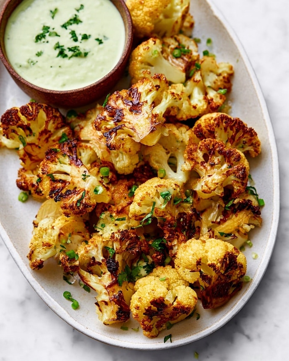 The image shows a white oval plate filled with golden-brown roasted cauliflower pieces that have crispy edges and some charred spots. The cauliflower pieces vary in size and are spread unevenly across the plate, topped with small bits of fresh green herbs scattered along the sides. On the left side of the plate, there is a small round bowl filled with a creamy light green sauce, garnished with tiny green herb pieces on top. The plate sits on a white marbled surface with a few small herb bits scattered around, adding to the fresh and simple presentation. photo taken with an iphone --ar 4:5 --v 7