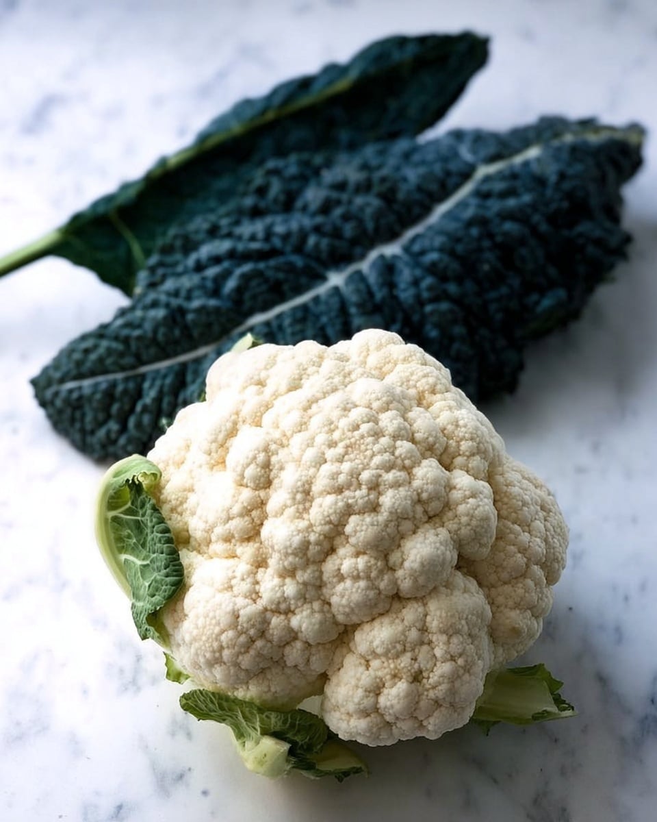 A large white cauliflower with a textured, bumpy surface sits on a white marbled background. Next to it, there are several dark green leafy kale leaves with a rough, wrinkled texture, lying flat and slightly curved. The image shows the vegetables clearly with soft natural light and a simple, clean setting. Photo taken with an iphone --ar 4:5 --v 7
