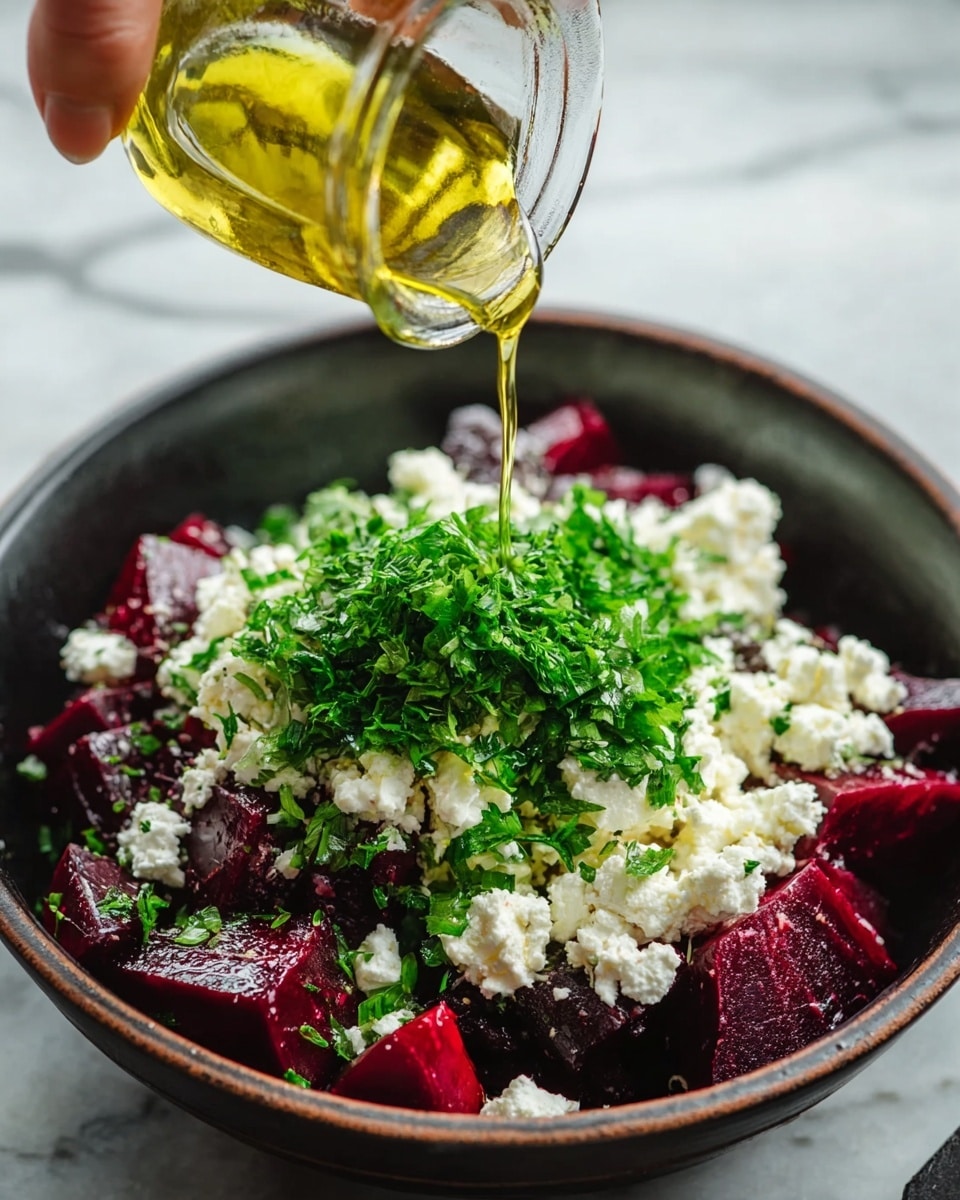 A bowl with a dark surface is filled with deep red beet chunks as the base layer, topped with white crumbled cheese scattered evenly. Bright green chopped herbs are piled in the center on top. A woman's hand is pouring golden yellow olive oil from a small clear glass container over the herbs. The scene is set on a white marbled background. photo taken with an iphone --ar 4:5 --v 7