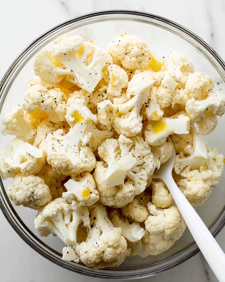 A clear glass bowl filled with many pieces of raw cauliflower. The cauliflower pieces are white with a slight cream color and have a rough, bumpy texture. They are sprinkled lightly with black pepper and some small yellowish oil drops are visible on the pieces. A white spoon is inside the bowl on the right side, partially covered by cauliflower pieces, and is resting on the white marbled surface. Photo taken with an iphone --ar 4:5 --v 7