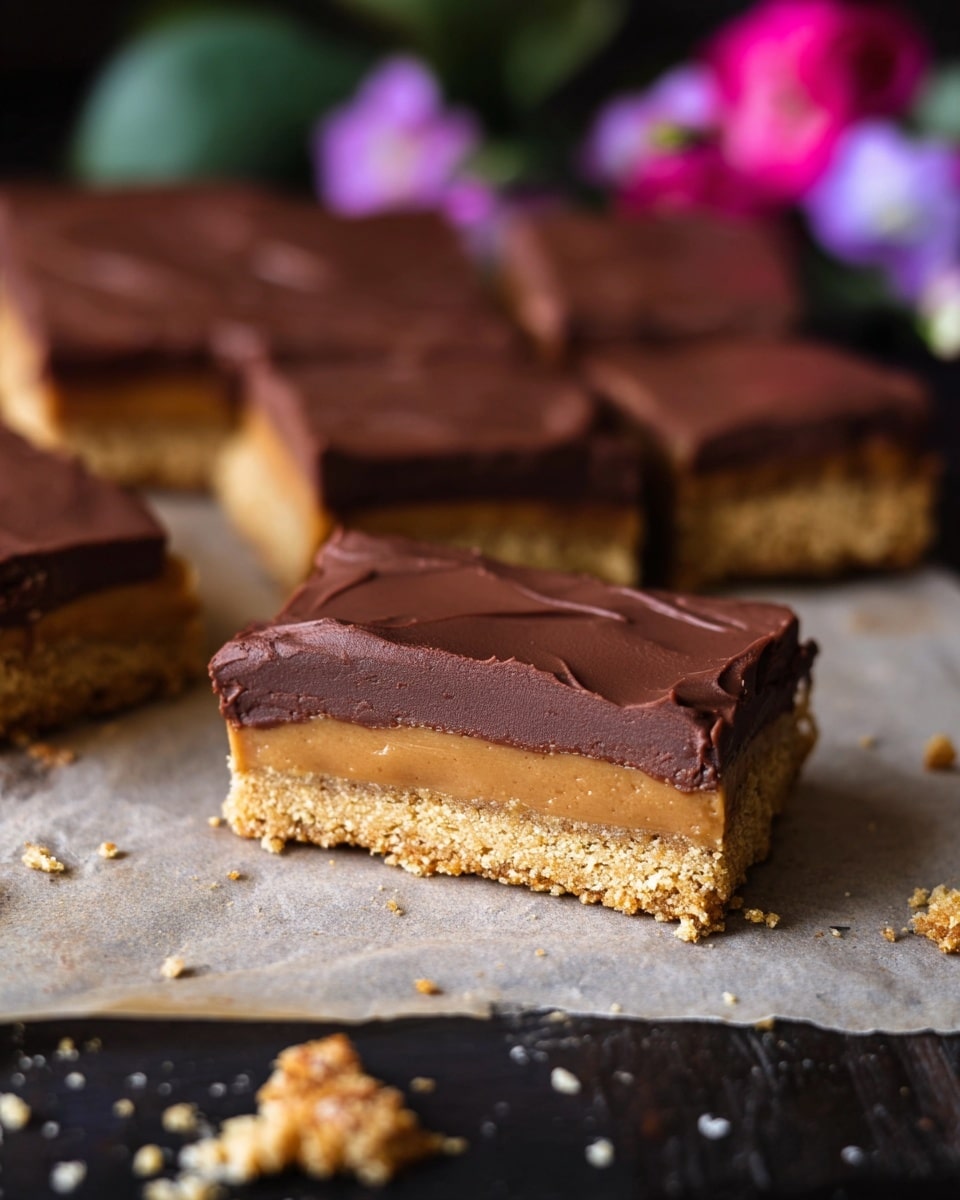 The image shows several rectangular bars layered with a thick base of golden-brown crumbly texture, topped by two even layers of smooth frosting; the bottom frosting layer is a lighter caramel color and the top frosting layer is a darker brown, creamy chocolate. The bars are placed on light-colored parchment paper with crumbs scattered around on a dark surface. The background is blurred, with hints of green leaves and pink and purple flowers visible. Photo taken with an iphone --ar 4:5 --v 7