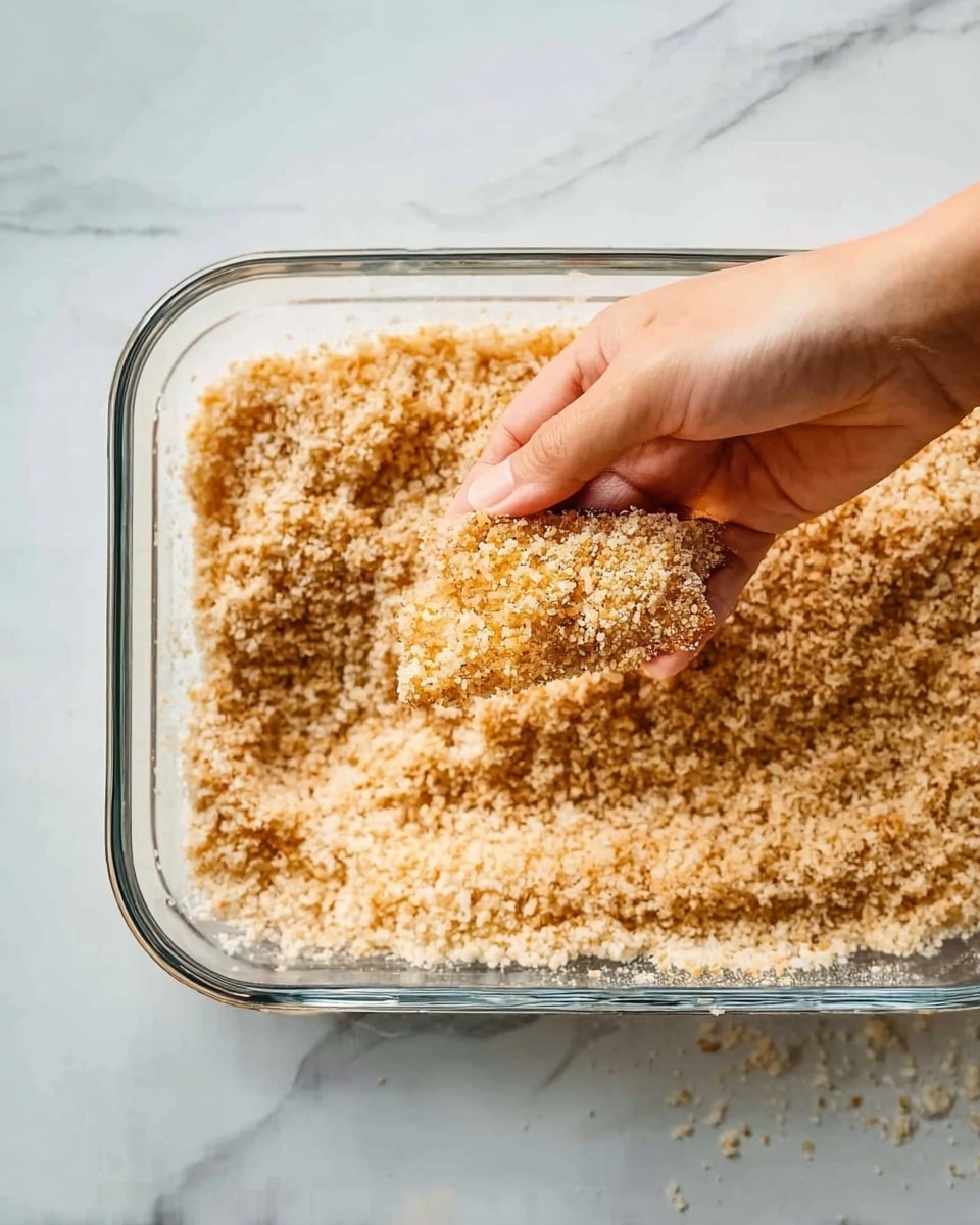 A close-up image shows a woman's hand holding a piece of food coated in light golden breadcrumbs inside a clear glass rectangular dish filled with more breadcrumbs. The breadcrumbs have a crumbly texture with small, uneven pieces clustered around the food. The background is a white marbled surface, giving a clean and bright look. photo taken with an iphone --ar 4:5 --v 7
