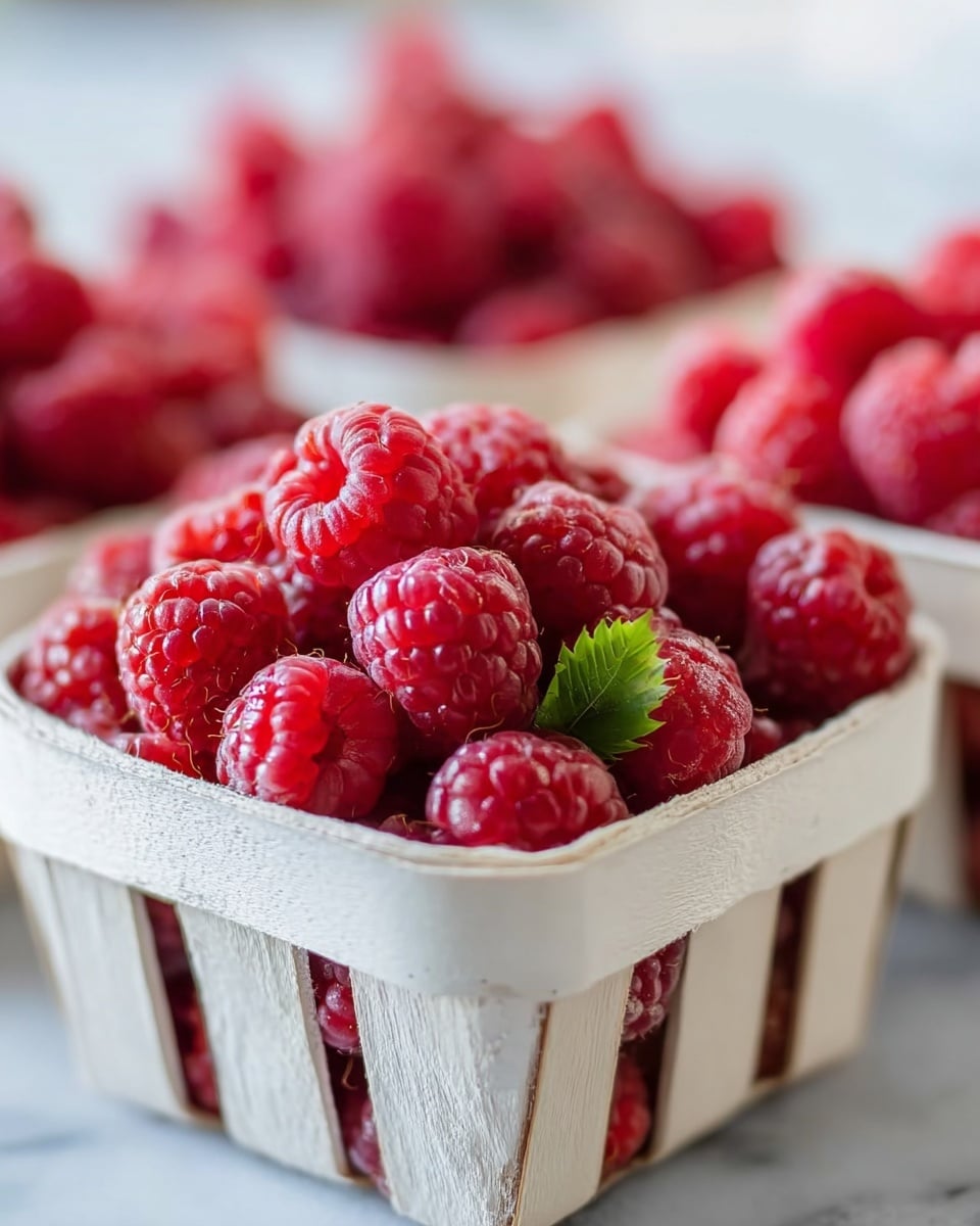 The image shows a white wooden basket filled with bright red raspberries that have a fresh, slightly shiny texture. The basket is full, with the raspberries layered closely together, some with green leafy tops visible near the front. Behind this basket, there are two more similar baskets also filled with raspberries, slightly out of focus. The scene is set on a white marbled surface, giving a clean and fresh look to the display. photo taken with an iphone --ar 4:5 --v 7