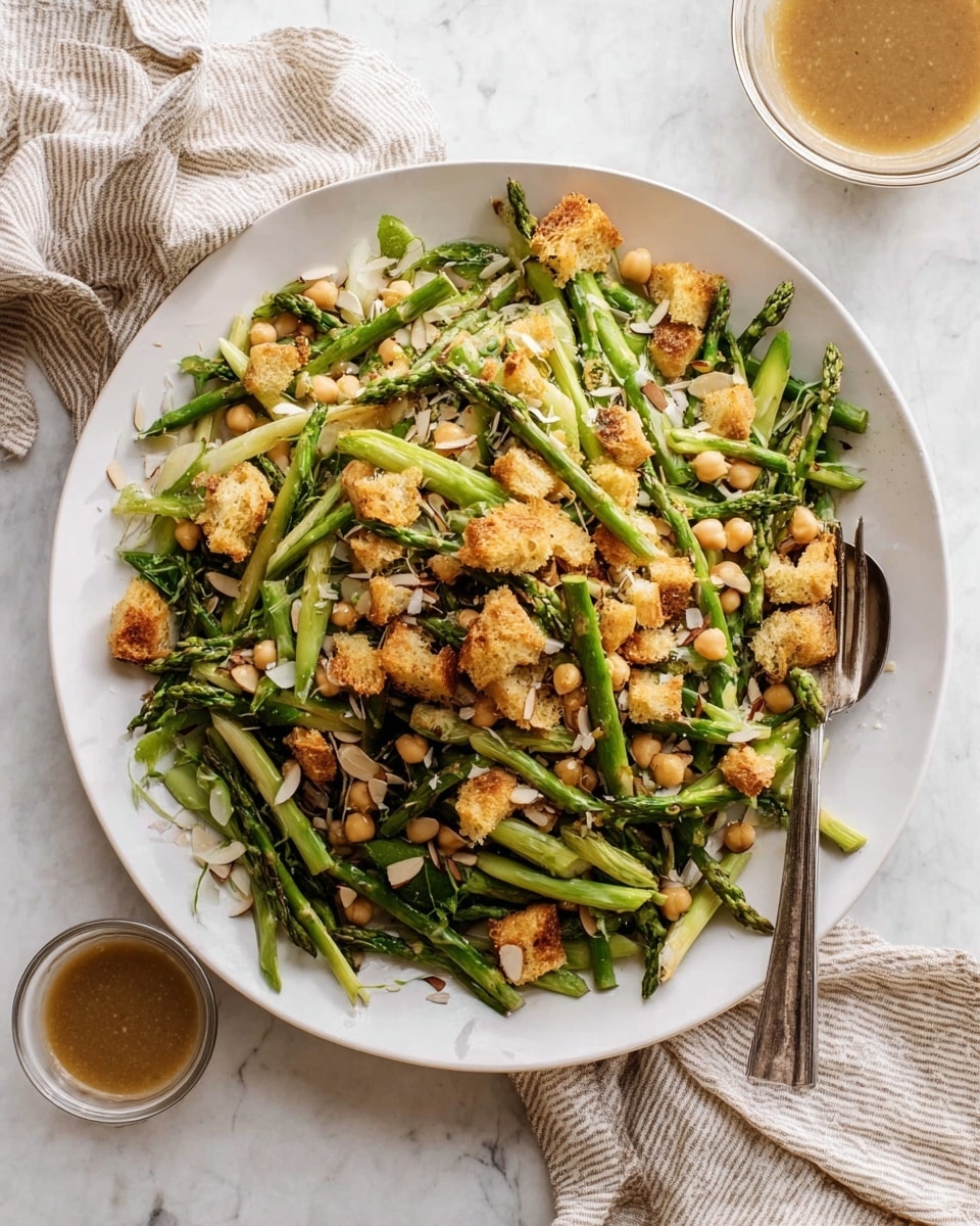 A white plate on a white marbled surface holds a salad with three visible layers: the bottom layer is thin green strips of asparagus, the middle layer has beige chickpeas scattered throughout, and the top layer displays golden brown crunchy croutons along with thin almond slices sprinkled all over. A silver fork is placed on the right side of the plate resting partially in the salad, and a light beige cloth is seen in the upper left corner. A small glass bowl with light brown dressing is near the lower right of the plate. The overall look is fresh, textured, and colorful. photo taken with an iphone --ar 4:5 --v 7