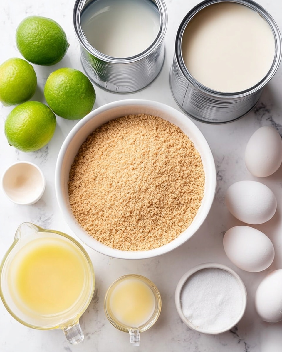 A top view of a white bowl filled with light brown graham cracker crumbs placed on a white marbled surface. Around the bowl, from left to right, are four green limes, a closed silver can, an open silver can filled with a thick white liquid, a small white bowl of melted yellow butter, a glass measuring cup with a pale beige liquid, a small white bowl of fine white sugar or salt, and four white eggs arranged in a loose cluster. The setup is bright and evenly lit, with a clean and simple look. photo taken with an iphone --ar 4:5 --v 7