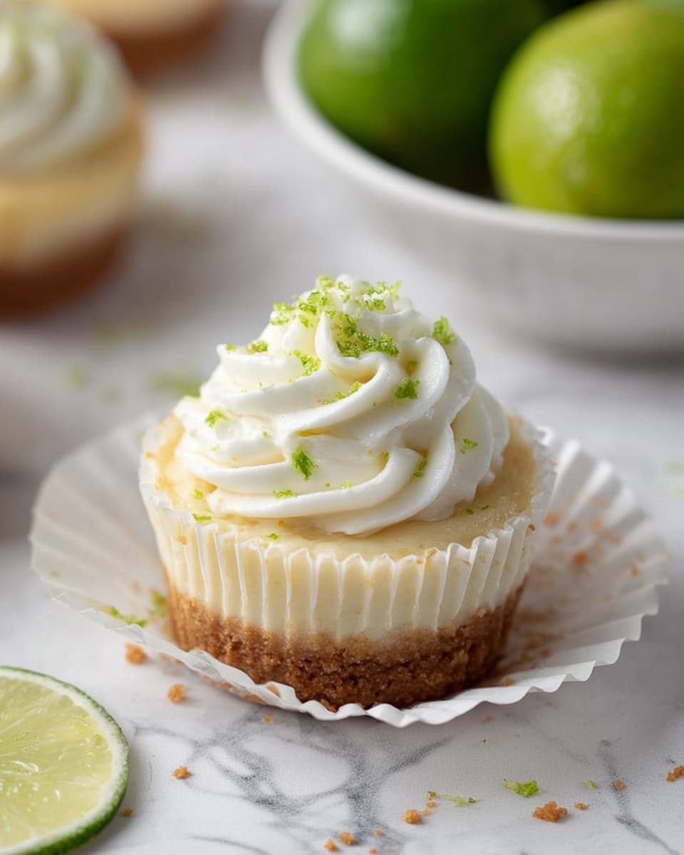 A small cheesecake cupcake sits in a white paper cupcake liner on a white marbled surface, showing three clear layers: a bottom brown crumbly base, a middle light cream cheesecake layer, and a top swirl of white whipped cream decorated with small green lime zest pieces. In the background, there is a white bowl filled with whole green limes, slightly out of focus. Some crumbs and green lime zest are scattered around the cupcake. Photo taken with an iphone --ar 4:5 --v 7