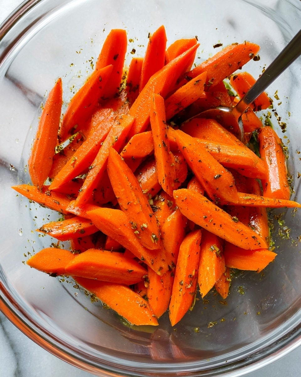 The image shows bright orange carrot slices that are evenly cut into long, thin pieces with some pointed ends. They are mixed with small bits of greenish herbs and spices, giving them a speckled texture. The carrots are placed in a clear glass bowl that reflects light and shows a shiny surface underneath. A silver spoon is partially visible on the right side, resting inside the bowl and slightly touching the carrots. The background has a white marbled texture. photo taken with an iphone --ar 4:5 --v 7