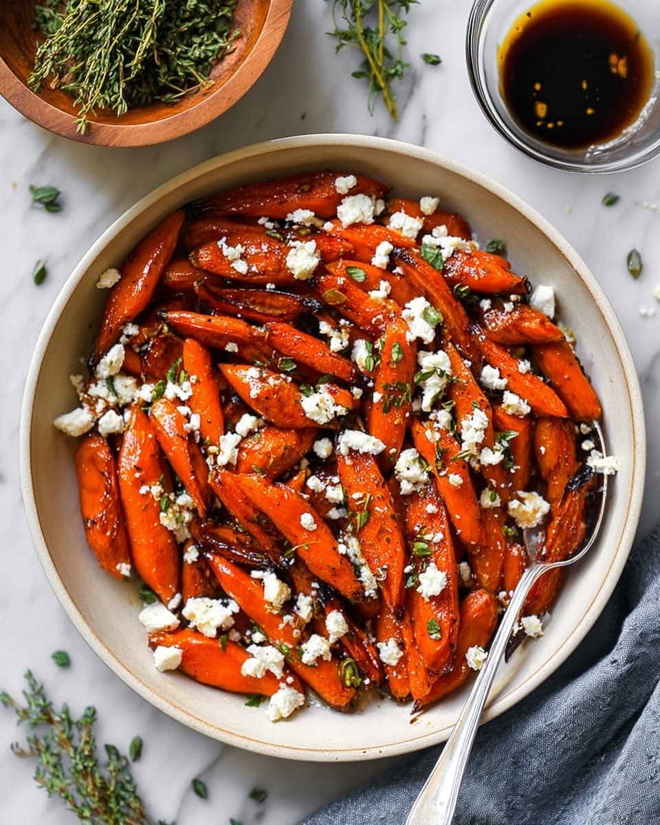 The image shows a white round bowl filled with roasted carrot pieces that are deep orange with some browned edges. The carrots are sprinkled with crumbled white cheese and small green herb leaves scattered on top. A silver spoon rests inside the bowl on the right side. Around the bowl, there is a wooden bowl with fresh green herbs at the top left and a clear glass bowl with dark sauce to the top right, all placed on a white marbled surface. photo taken with an iphone --ar 4:5 --v 7