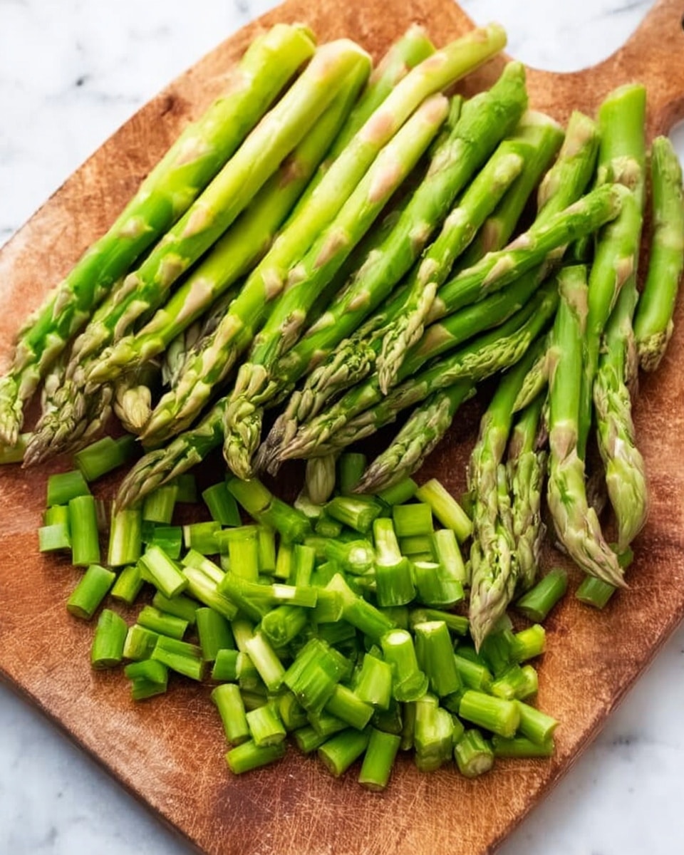 The image shows fresh asparagus stalks arranged on a wooden cutting board placed on a white marbled surface. The asparagus is in two forms: whole stalks with pointed, textured tips, and chopped stalk pieces cut into small, uniform sections. The whole stalks are clustered together on one side while the chopped pieces spread evenly close by. The asparagus is bright green, highlighting its fresh and crisp texture. Photo taken with an iphone --ar 4:5 --v 7