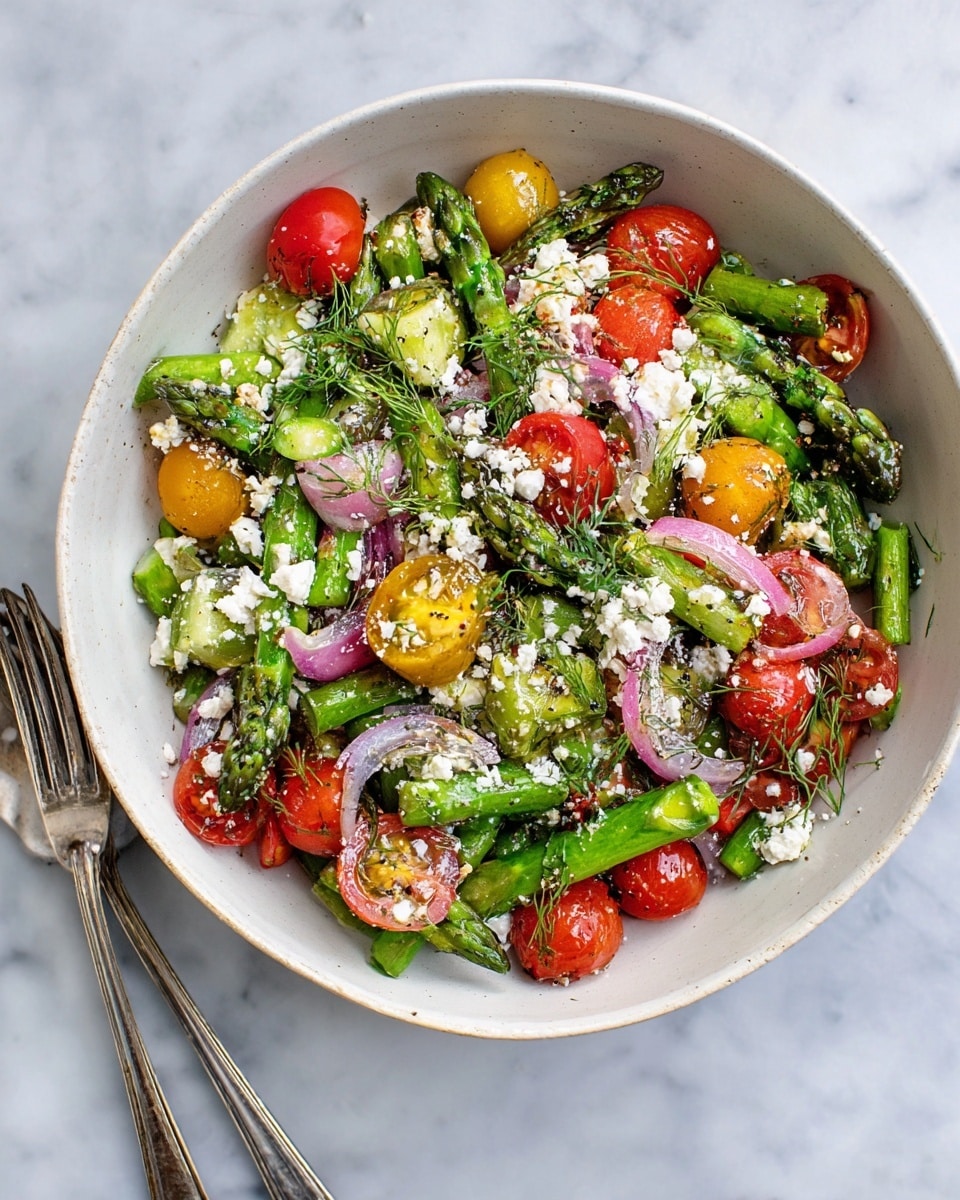 A white bowl filled with a colorful salad sits on a white marbled surface. The salad has three main layers: bright green asparagus pieces forming the base, scattered red and yellow cherry tomato halves on top, and thin slices of light purple onion spread throughout. Crumbled white cheese dots the salad, adding texture, while small green dill sprigs add a fresh touch. Two silver forks rest beside the bowl. photo taken with an iphone --ar 4:5 --v 7