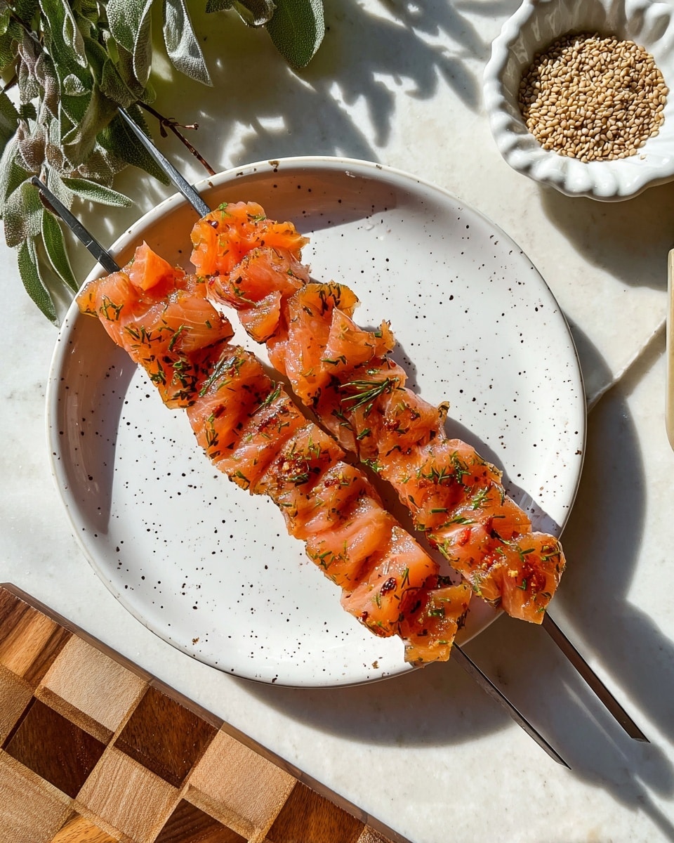 Two metal skewers hold several layers of thinly sliced raw salmon, curled and stacked along the length of each skewer. The salmon is orange with flecks of green herbs and red spices evenly spread over its surface. The skewers rest on a white plate with small black speckles. Part of a wooden checkered board is visible near the plate, and a small white scalloped bowl filled with sesame seeds sits nearby alongside some green leaves. The photo is taken on a white marbled surface in bright natural light, showing shadows from the skewers and leaves. photo taken with an iphone --ar 4:5 --v 7