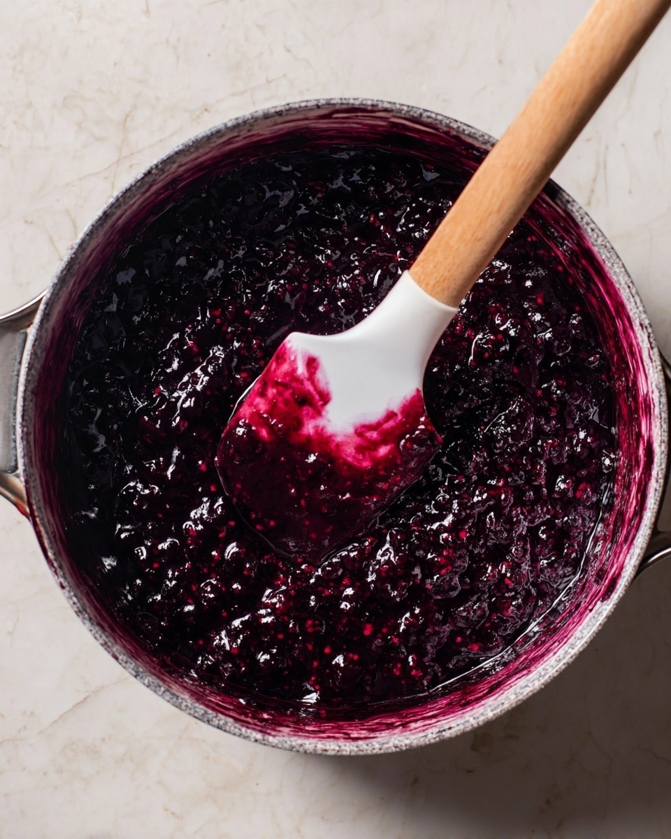 The image shows a close-up of a pot filled with thick purple-black jam, with visible small whole berries that give a bumpy texture. A white spatula with a wooden handle is resting inside the pot, covered with the deep purple jam that also sticks to the sides of the pot. The pot sits on a surface with white marbled texture. The lighting highlights the glossy, wet look of the jam and the slightly rough surface of the pot’s edge, creating a rich and vibrant visual effect. photo taken with an iphone --ar 4:5 --v 7